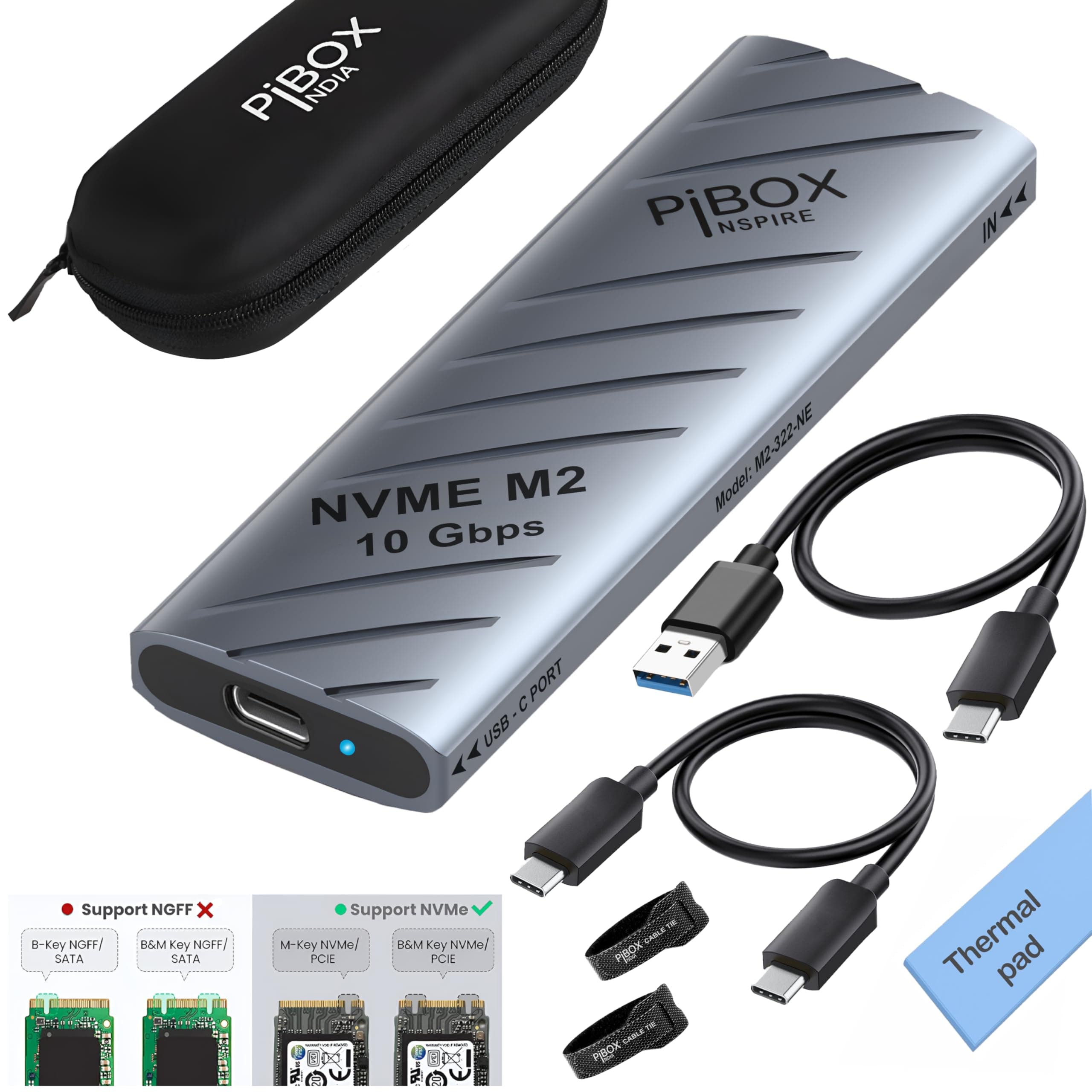 piBOX India NVMe SSD Enclosure - USB 3.2 10Gbps, Tool-Free M.2 NVMe Case, PCI-E NVMe Reader, USB-C, Supports M & B&M Keys, 2230/2242/2260/2280 SSDs Powerful - JM583 Chipset