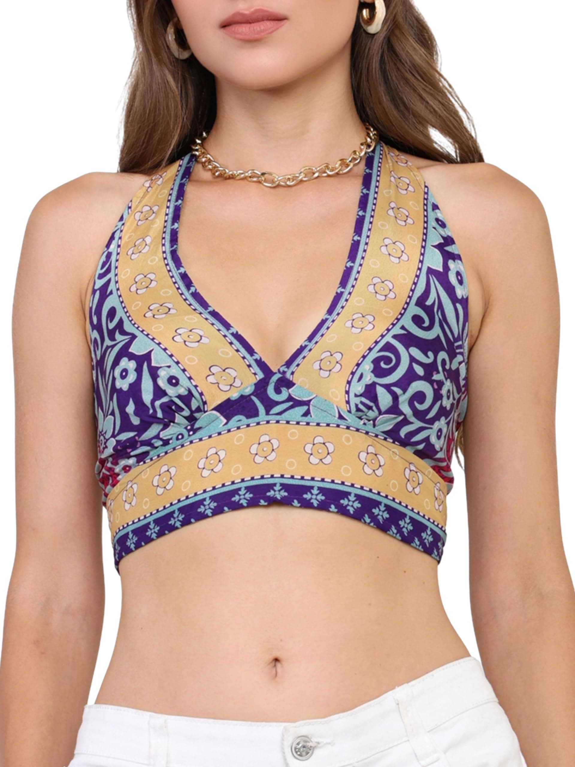 KE KANHA EXPORTS Halter Neck Wrap Top|top for Women|Backless Tops for Women|Halter Neck Tops|Adjustable wrap Waist|Boho Beach Border Print|Easily fits S-M|Bust30-36Inch|LengthUpTo 18Inch