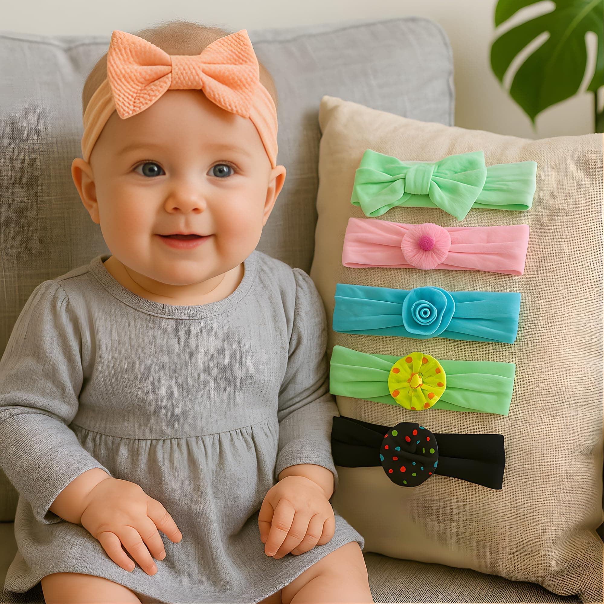 BAKEFY -6 Style Combo Handmade Baby Headbands Soft Stretchy Nylon Hair Bands with Bows for Newborn Infant Baby Toddler Girls- Pack of 6