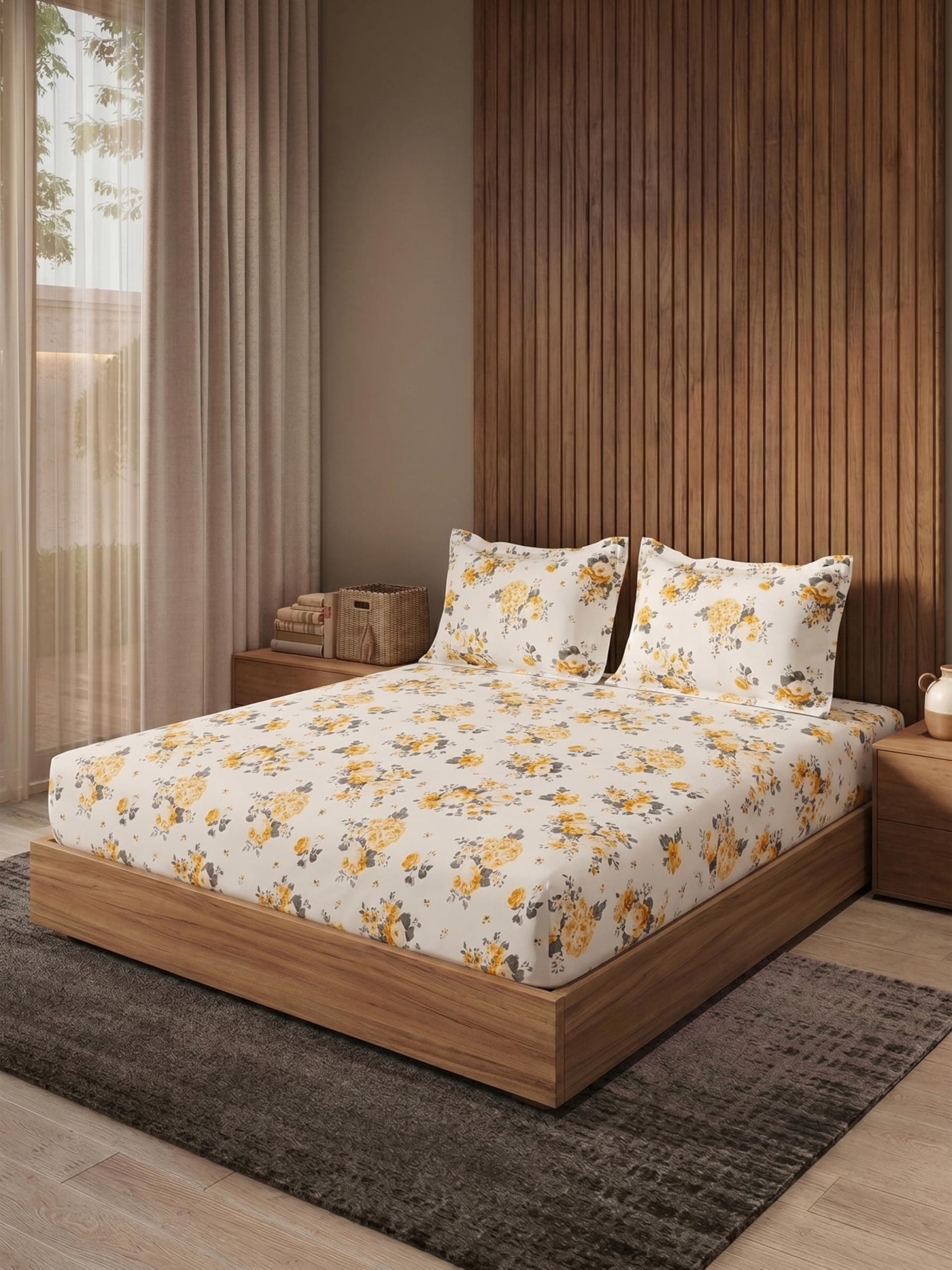 DDECOR Live Beautiful 100% Compact Combed Cotton Floral King Flat Bedsheet with 2 Pillow Covers | Rotary Print 145TC | Perfect for Everyday Bedroom Use | Cresta Collection|2.24 x 2.54 M|Kumquat Yellow