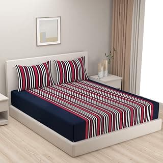 Swayam Magical Linea Striped 240 TC Pure Cotton Super King (108"x108") Bedsheet Set with 2 Pillow Covers | Red & Black