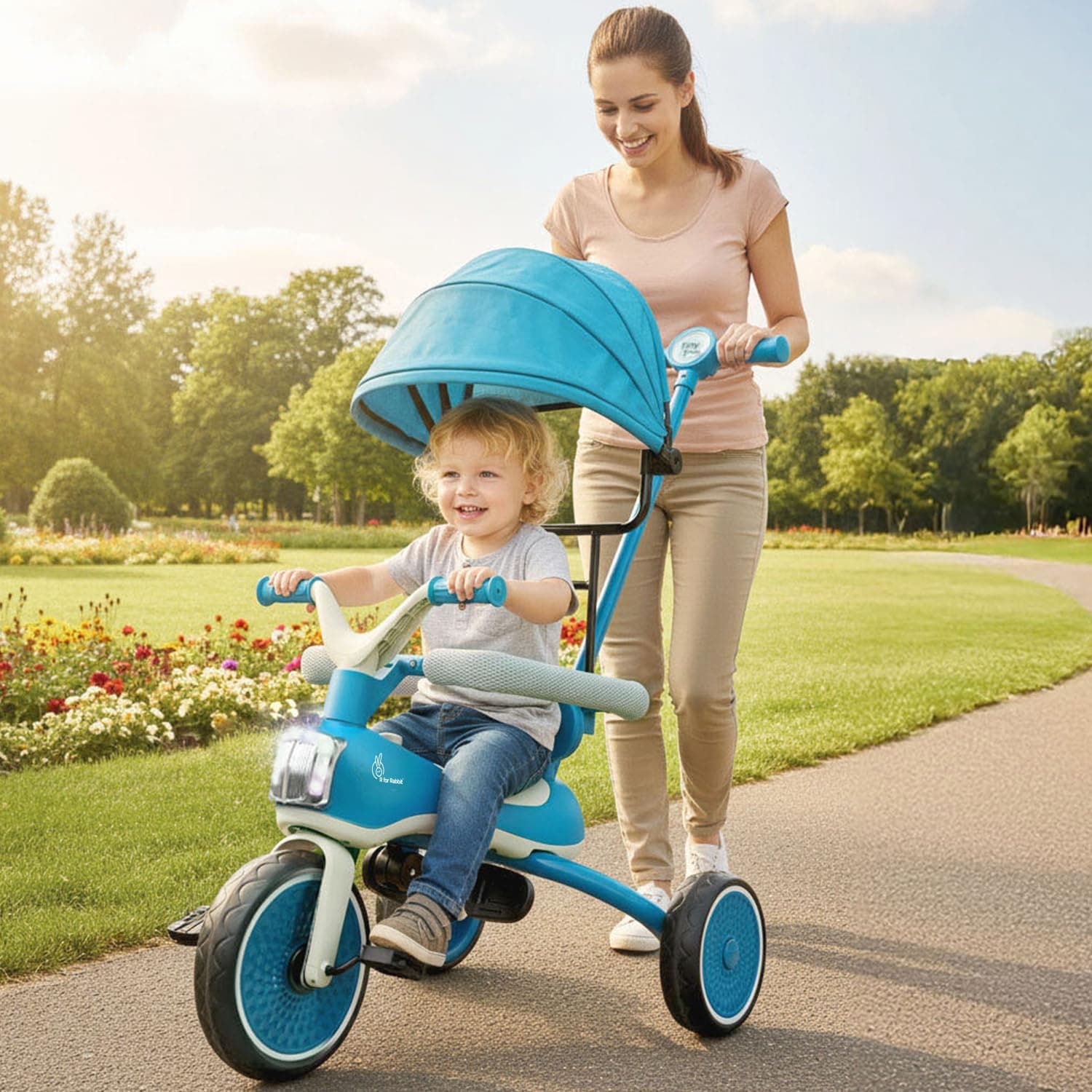 R for Rabbit Tiny Toes Karizma Tricycle for Kids with Light & Music, Parental Control, EVA Wheels, Foldable Footrest, Comfy Seat with Backrest, Baby Trike Cycle for 2-5 Years, Up to 25kg (Blue Grey)
