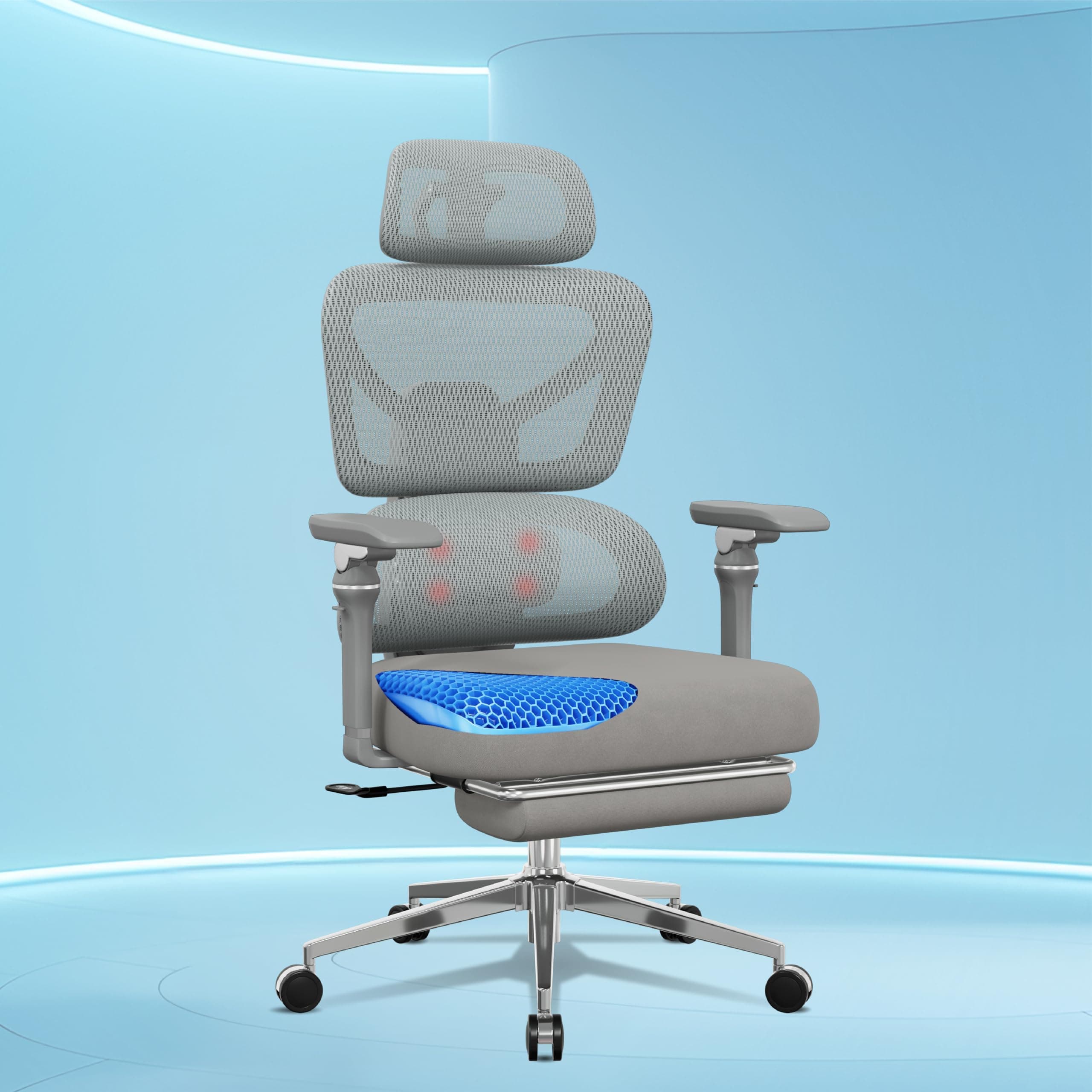 The Sleep Company Tranquo Massager Ergonomic Office Chair | Patented SmartGRID Seat | Kneading Lumbar Massager | 2D Headrest | 7D Armrests | 135° Recline, Chrome Wheelbase | Free Installation | Grey