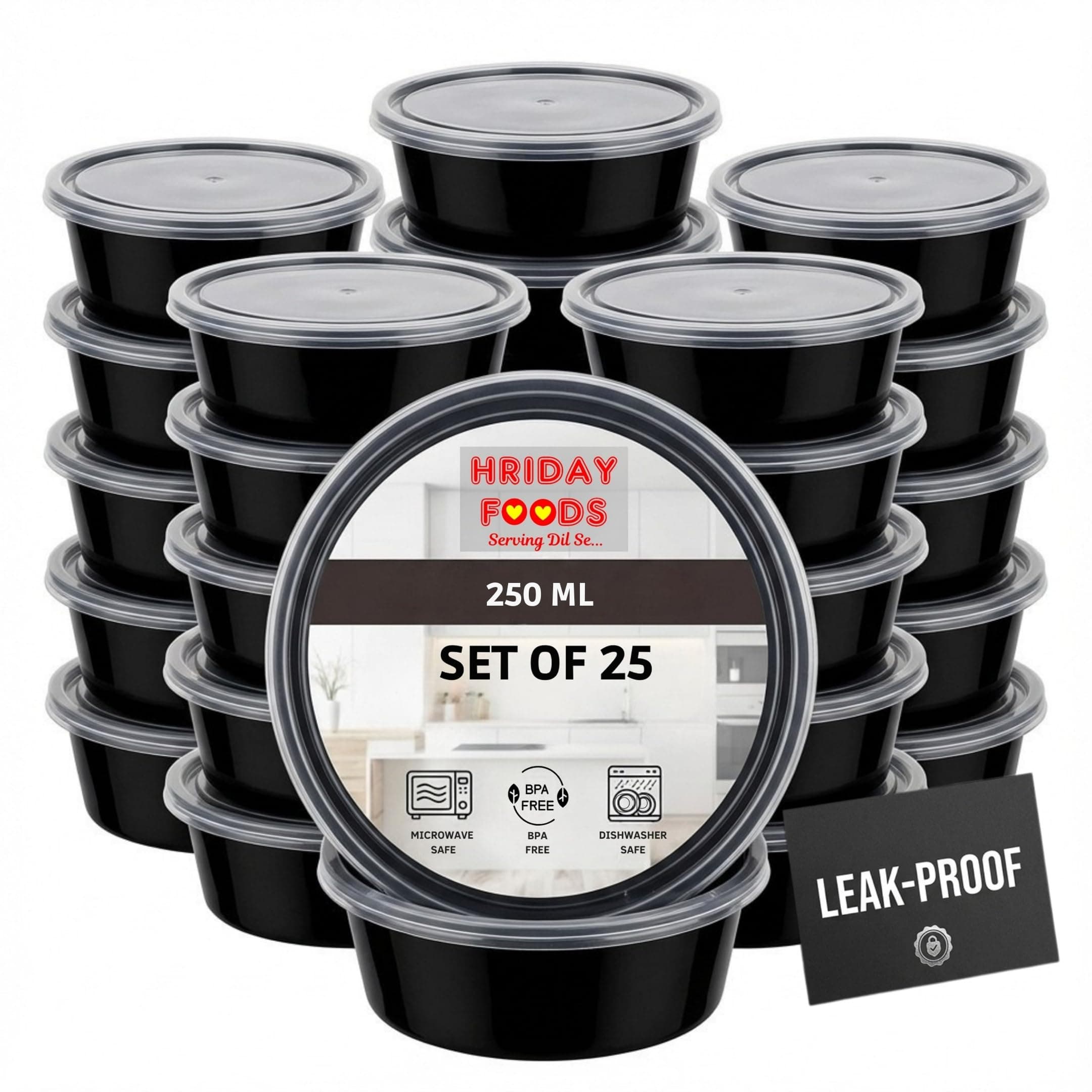 HRIDAY FOODS SERVING DIL SE 250ml Round Food Containers with Lids, Set of 25 | Airtight Reusable Plastic Containers | Microwave Safe for Meal Prep, Storage, Takeaway & Food Delivery (Black)