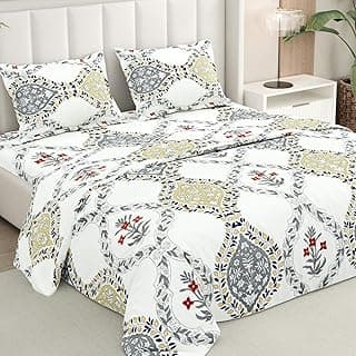 Rivermoor 200 TC Ultrasoft Cotton Flat Double Bedsheet with 2 Pillow Covers for Double Queen Size Bed | Floral Print White 88 x 96 Inch