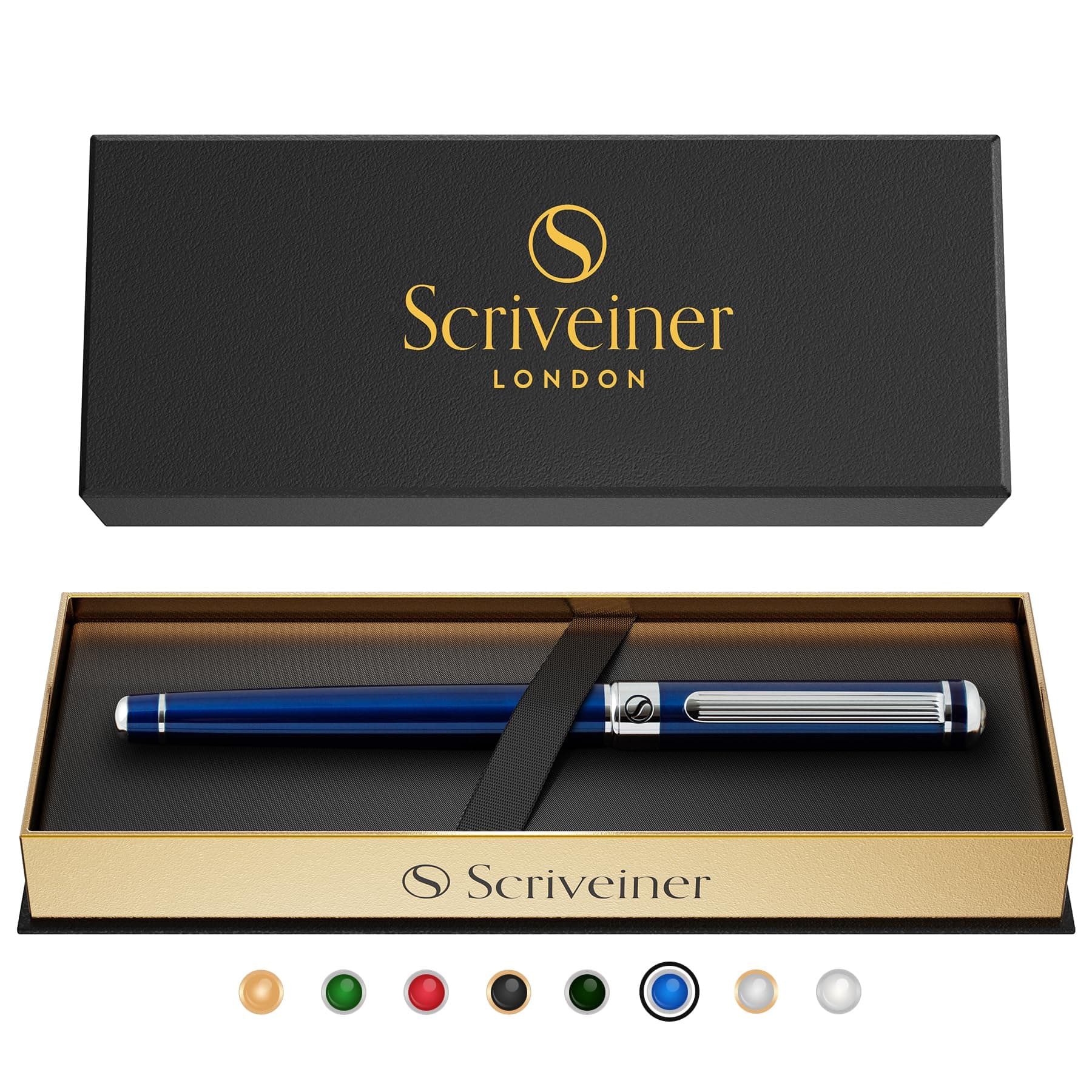 Scriveiner Midnight Blue Rollerball Pen - Stunning Blue Lacquer Luxury Pen, Chrome Finish, Schmidt Ink Refills, Best Roller Ball Fathers Day Gift, Men & Women, Professional, Executive Office, Nice Pen