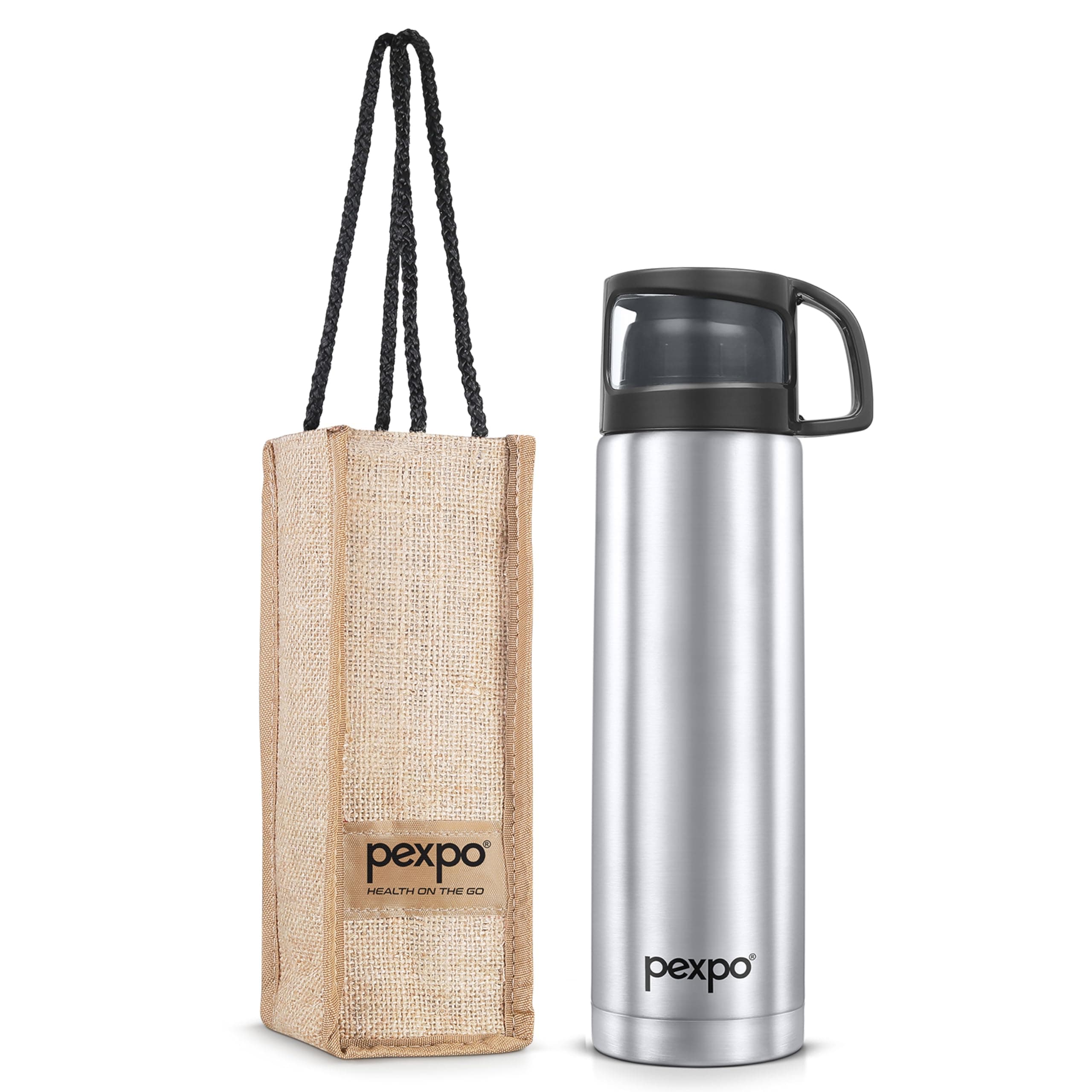 Go24 pexpo Stainless Steel Water Bottle 1 LTR, ISI Certified, Hot & Cold Flask with Jute Bag | 3 Layer Insulation | 2 Year Warranty | for School, Office, Travel & Picnic | Fererro | Silver