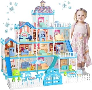 Dollhouse Doll House Toys - 4 Storeys Big Dreamhouse Pretend Play Building Playset with 12 Rooms,Courtyard,Dollhouse Asseccories and Furniture, Gift for 3 4 5 6 7 8 9 10 Year Old Girls Toys …