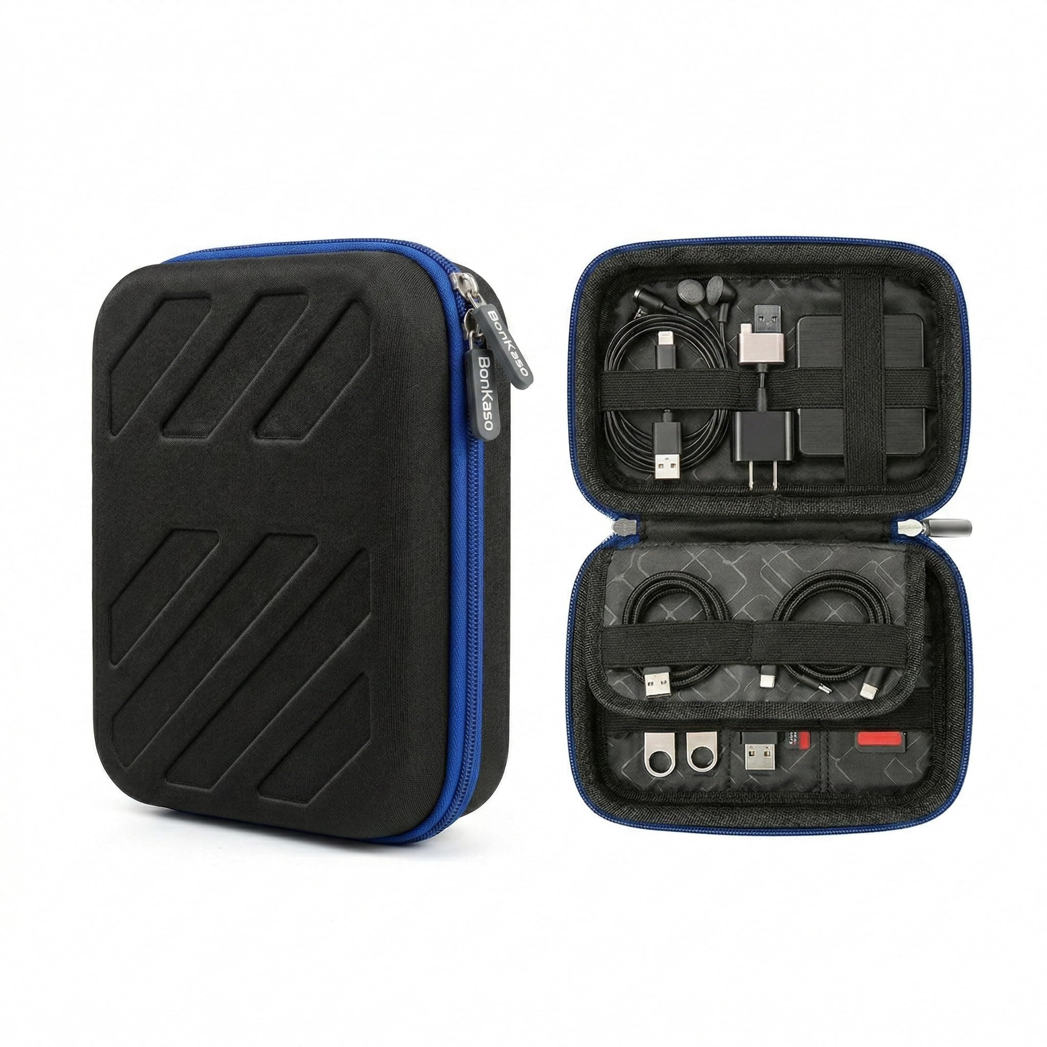 BonKaso Tech Organizer Pouch Hard Shell – Travel Electronics Accessories Case for Charger, USB Cable, Power Bank, Earphones & Hard Drive | Compact EVA Storage Bag – Black & Blue