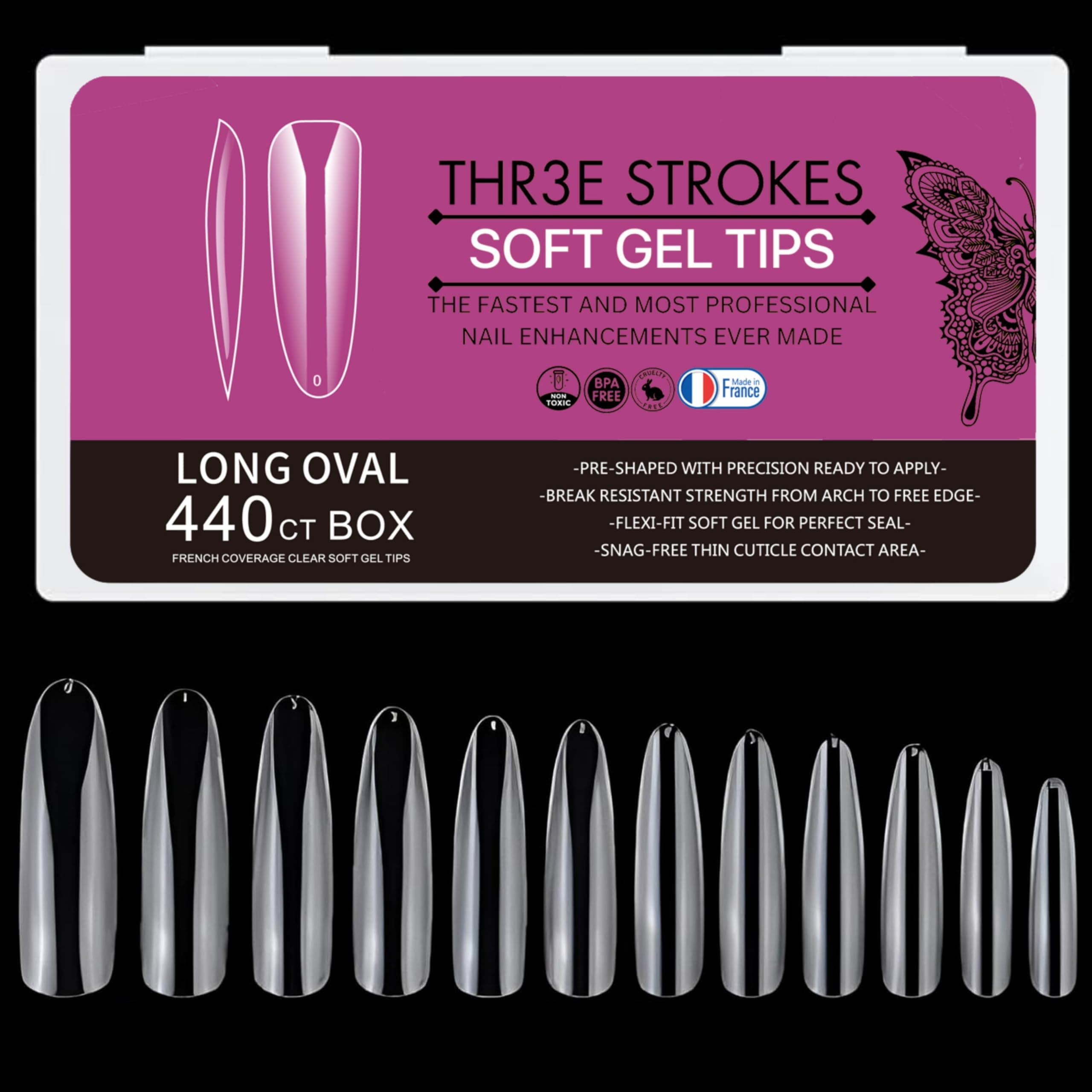 THR3E STROKES Soft Gel NailTips, Full Cover Clear Soft Nail Tips for Artificial False Nails Extension Nail Salons DIY NailArt with Box, 440PCS (LONG OVAL N8)