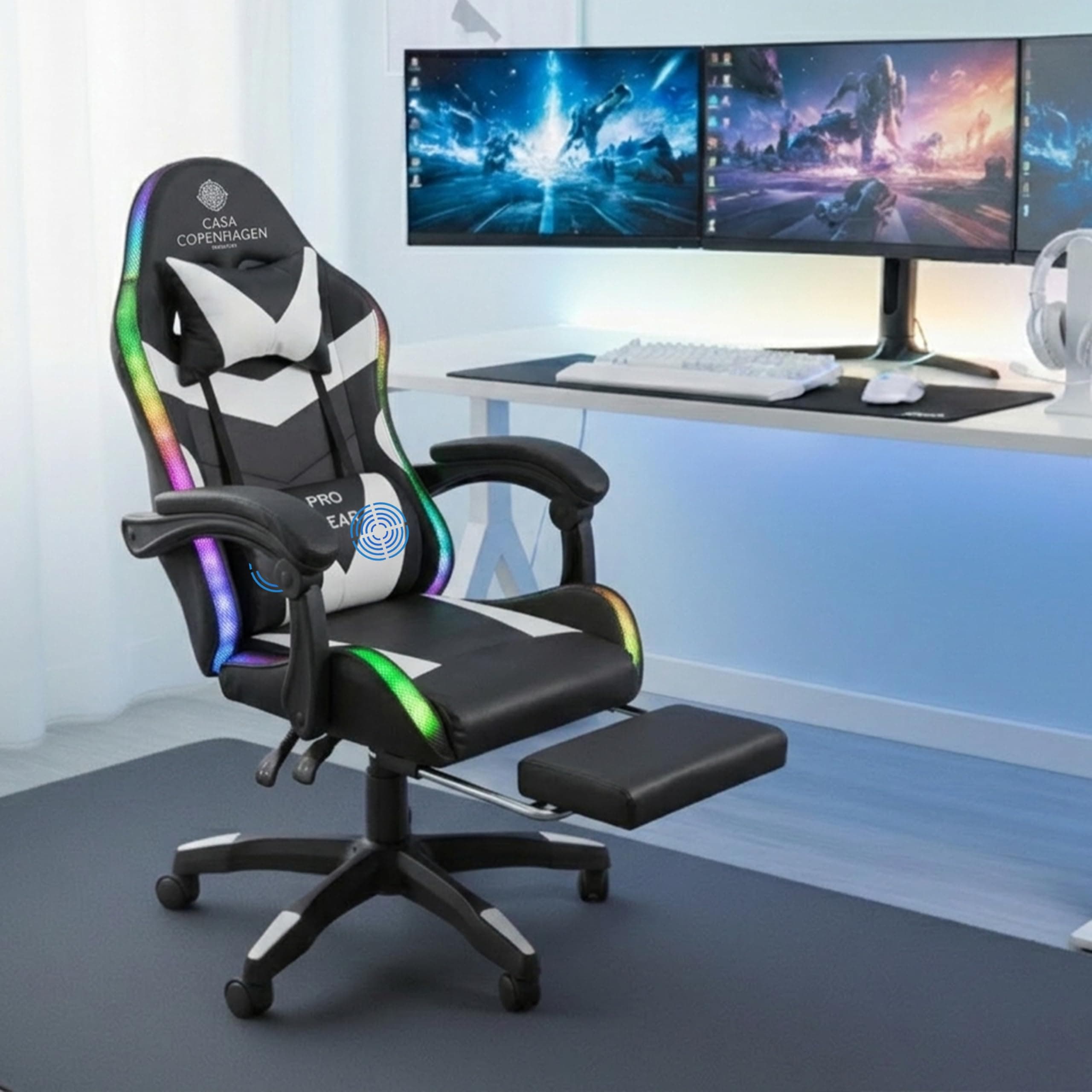 Casa Copenhagen Designed in Denmark,High-Back Italian Leather Gaming Ergonomic Chair with Advanced Mechanism with LED Light & Electric Back Massager, Memory Foam Seating - White & Black