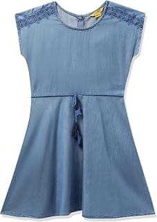 global desi Girl Girl's Cotton A-Line Blue Dress (314DRDNM 11-12 Yrs)