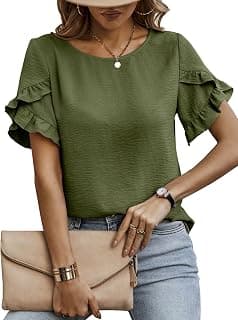 Sugathari Elegant Top, Women's Solid Petal Sleeve Round Neck Ruffle Trim Top II Tops for Women/Girls (TOP 118)