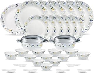 La Opala Diva Classique Collection Opal Glass Crockery | for Family of 6 | Dinner Set 35 pcs Twilight Bouquet | Plates & Bowls for Dining | Microwave Safe | 100% Vegetarian | Extra Strong | White