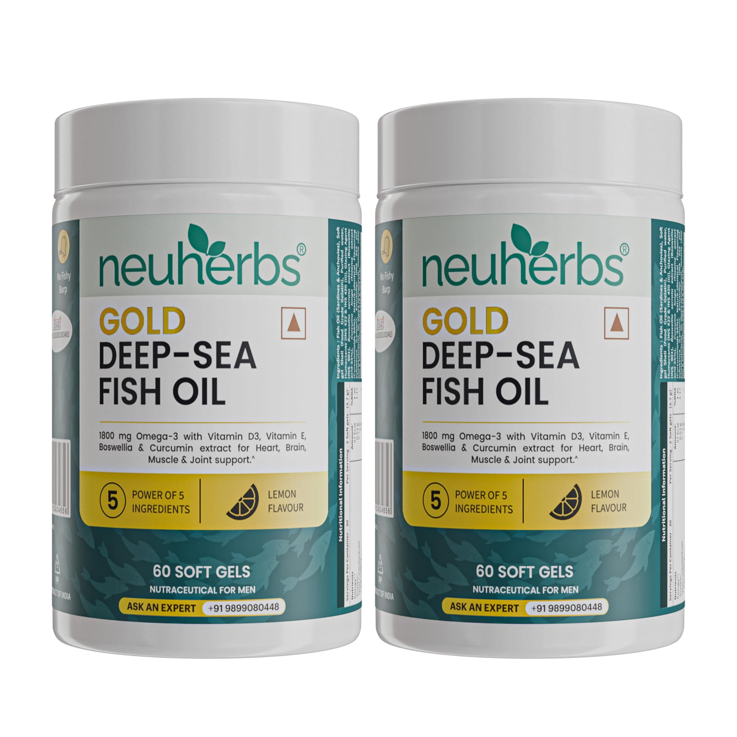 Neuherbs Gold Deep Sea 6X Omega 3 Fish Oil Capsules - 60 Softgels (Pack of 2) | 2400mg Fish Oil With EPA - 1080mg & DHA - 720mg | Vitamin E & D3 For Muscle, Brain & Joints Support | Lemon Flavour