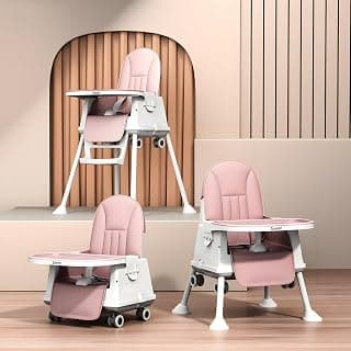 Cockatoo Kids BiteBuddy 3-in-1 Foldable Baby High Chair with Double Removable Tray, Booster Seat & Wheels, Adjustable Feeding Chair for Kids, Anti-Slip Legs, 3-Point Harness – 3M to 5Y, 40kg Pink