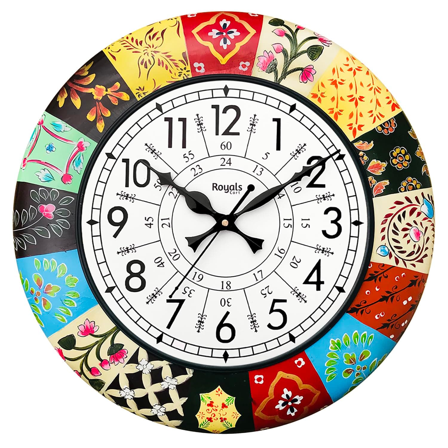 RoyalsCart Premium Handcrafted Wooden Wall Clock 16 Inch | Hand Painted Multicolour Designer Clock for Living Room | Vintage Royal Decor | Curved Glass | Stylish Wall Clock for Home & Hall [KTWC186N]