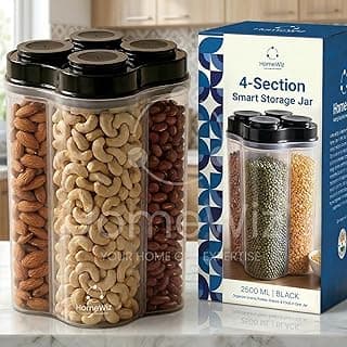 HomeWiz 4 Section Kitchen Storage Box | Fridge Storage Containers | Airtight, Durable, BPA-Free Plastic Container | Organize Grains, Pulses, Snacks & Food in One Jar | (2500ml), Black