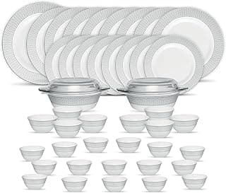 La Opala Diva Velvett Collection Opal Glass Crockery | for Family of 8 | Dinner Set 45 pcs Stella Grey | Plates & Bowls for Dining | Microwave Safe | 100% Vegetarian | Extra Strong | Light & White