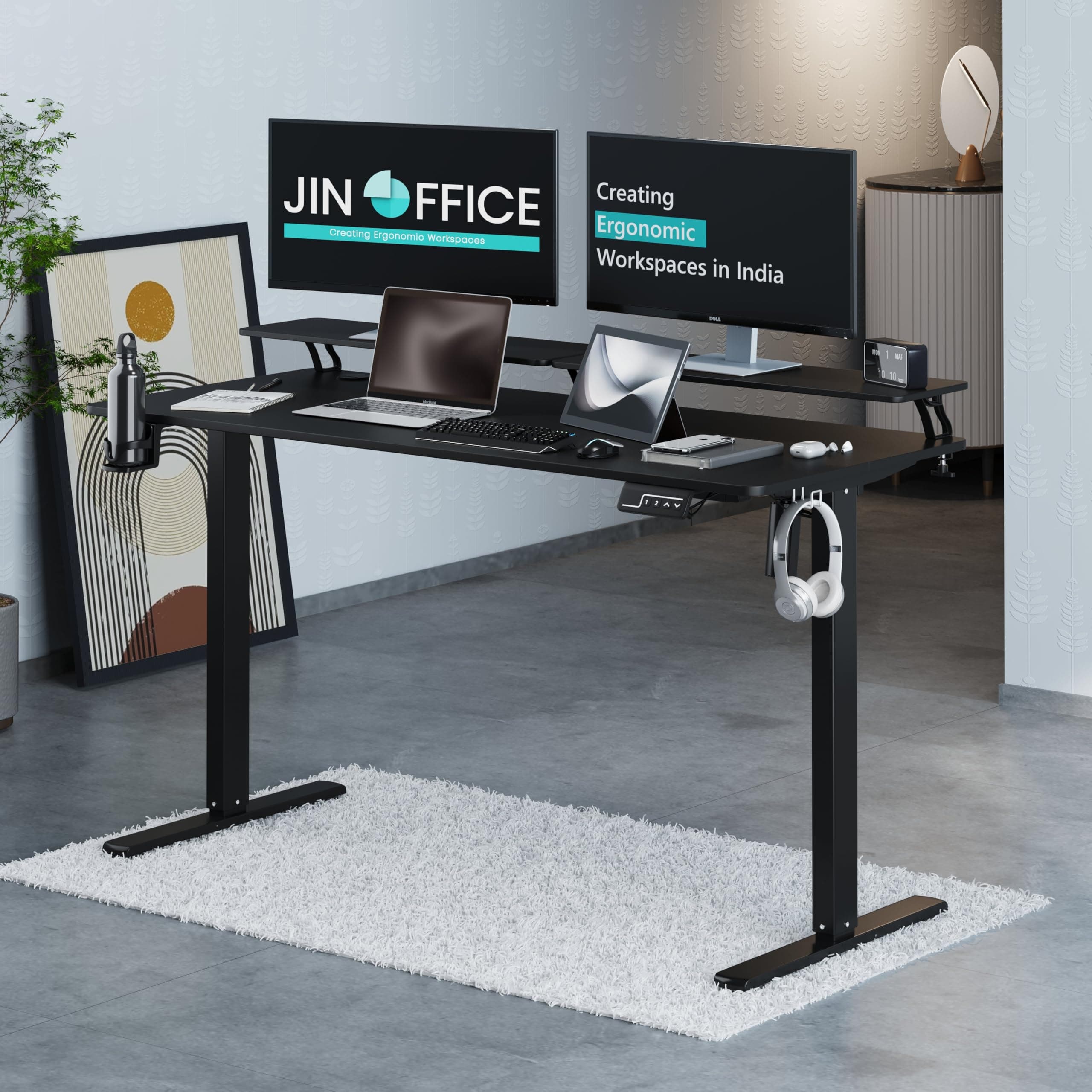 JIN OFFICE Ascend Electric Height Adjustable Desk with Monitor Riser| Standing Desk with Cup Holder | 3 Year Warranty,80 KG Wt. Cap, Memory Presets| Sit Stand Ergonomic Desk 1400 * 600mm Black Top