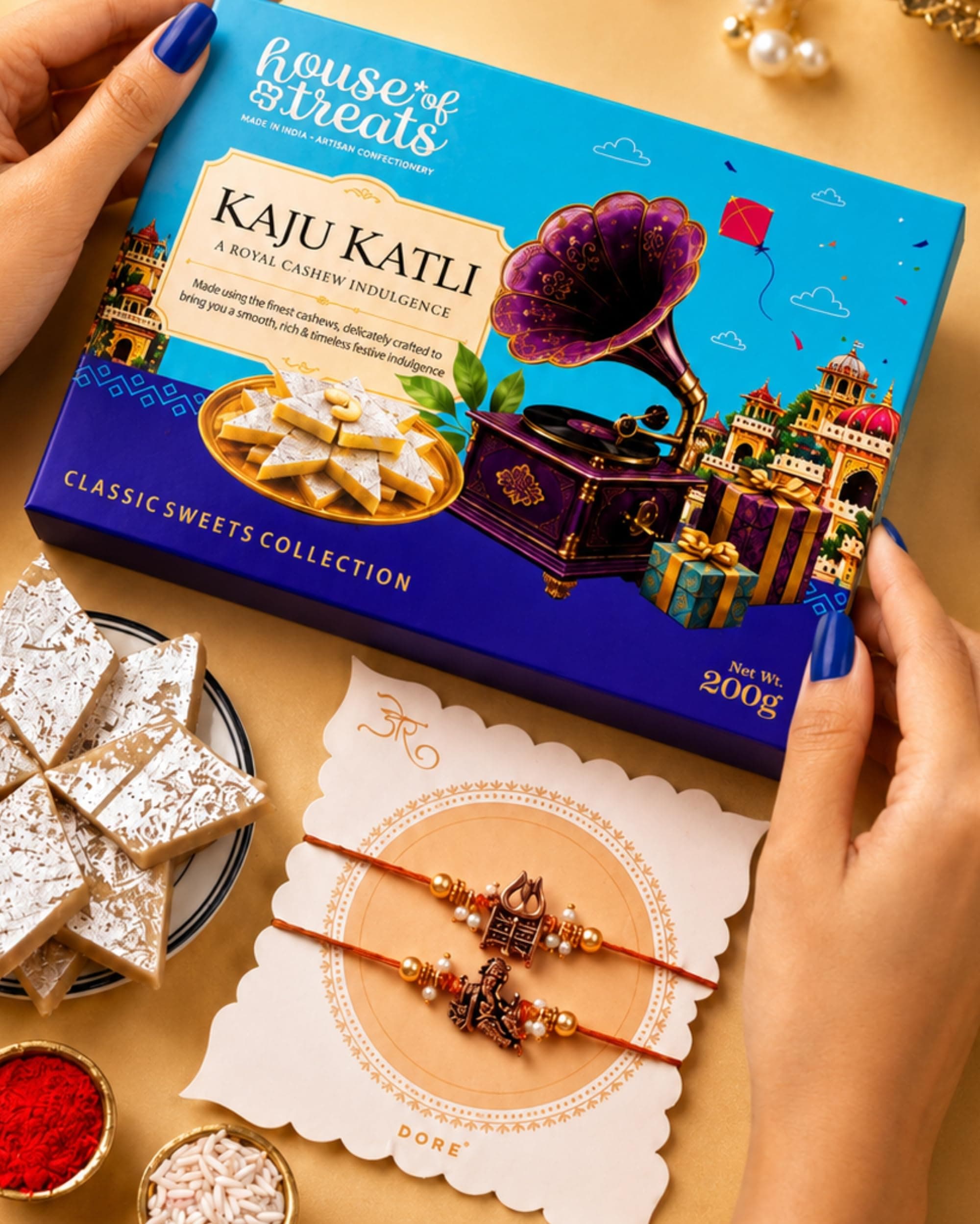 House of Treats® Rakhi With Sweets Kaju Katli 200g Rakhi Gift for Brother Set of 2 Rakhi With Sweet Box for Gift Raksha Bandhan Sweets Gift Pack