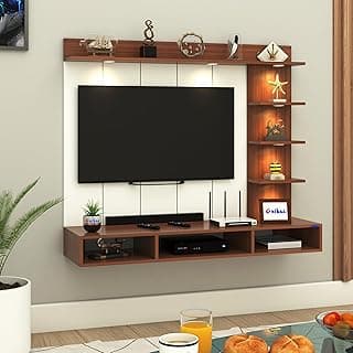 Ryder Engineered Wood Wall-Mount TV Unit with PVC Back Panel & LED Lights | TV Cabinet with Storage Box & Decorative Shelves (Walnut) | Ideal for TVs up to 43 Inch | DIY Installation