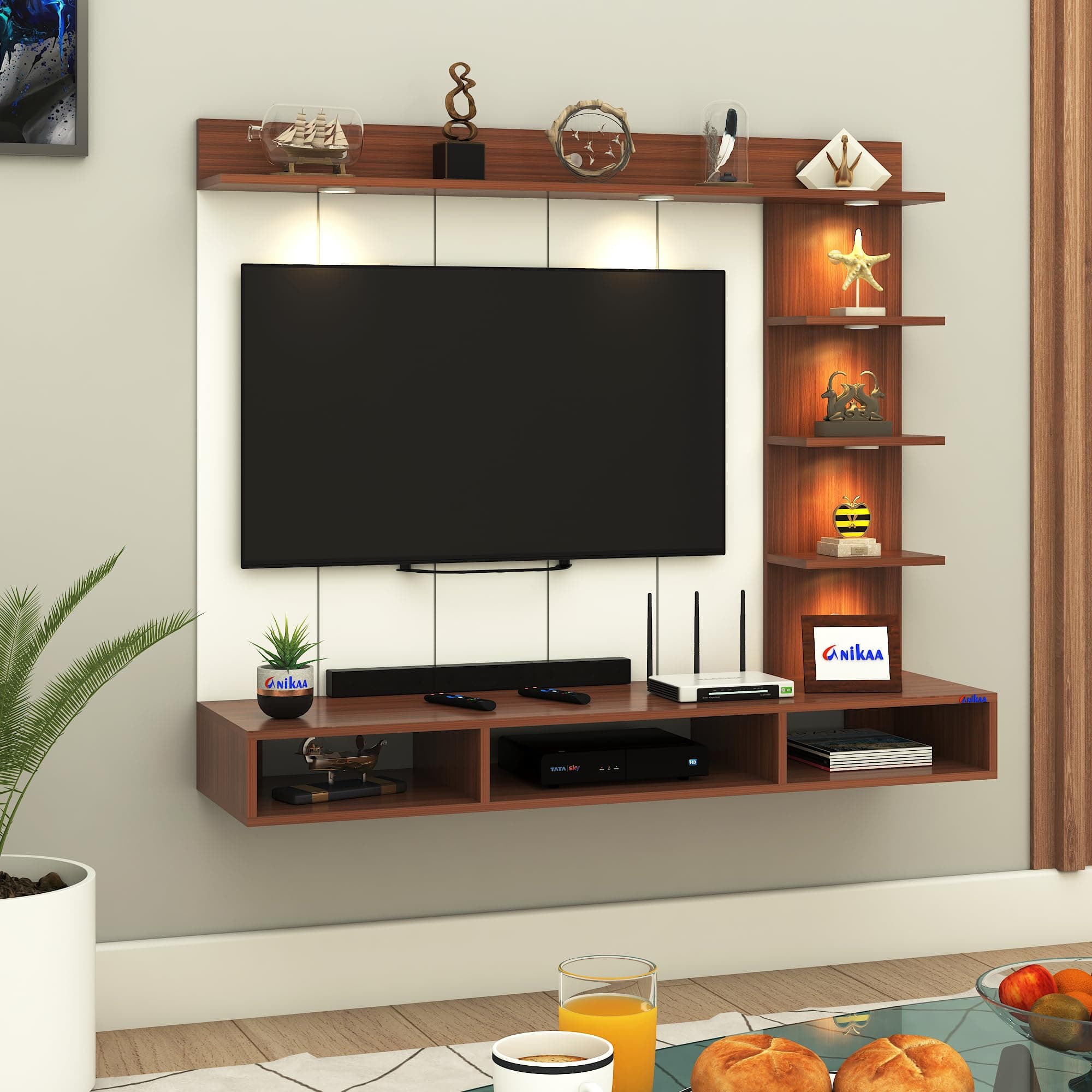 Anikaa Tyron Engineered Wood Wall-Mount TV Unit with PVC Back Panel & LED Lights | TV Cabinet with Storage Box & Decorative Shelves (Walnut) | Ideal for TVs up to 55 Inch | DIY Installation