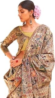 SAREE MALL Women's Silk Blend Madhubani Printed Saree With Unstitched Blouse Piece