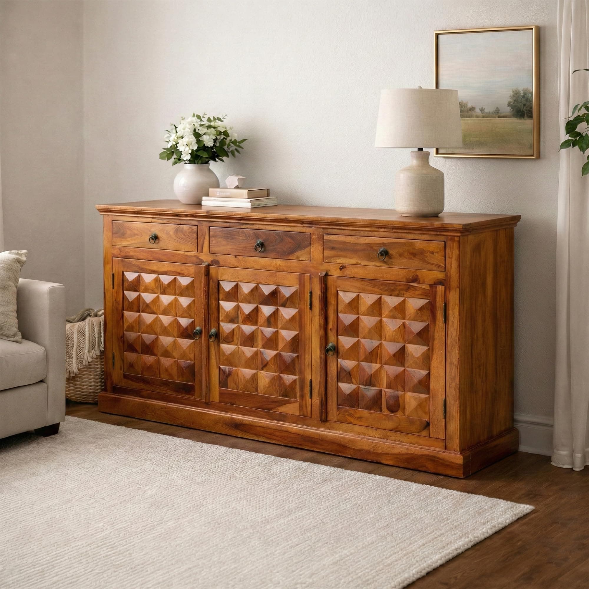 SONA ART & CRAFTS Solid Sheesham Wood Sideboard Cabinet Storage Organizer with 3 Drawer & Door Cabinet for Home Kitchen Living Room & Bedroom Multi Shelves Cabinets Hallway Dinning (Honey Finish)