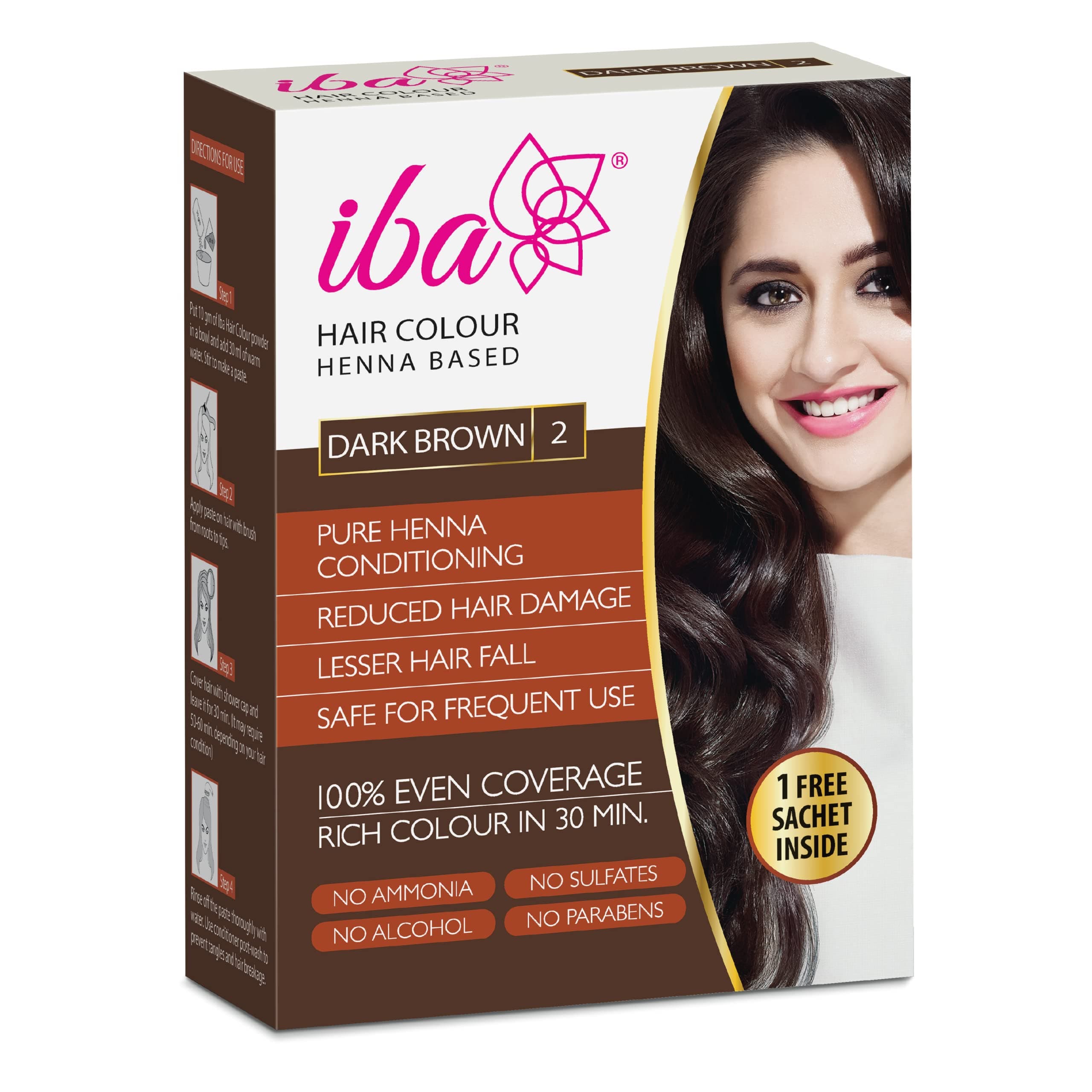 Iba Hair Colour for Women - Dark Brown, 70g | 100% Pure Henna Based Powder Sachet | Natural Hair Colour & Long Lasting with Conditioning Formula | Reduced Hair Fall & Hair Damage | Shine & Nourish Hair | Free from Ammonia and Other Harmful Chemicals | Herbal Hair Powder for Hair Color | Dark Brown Henna