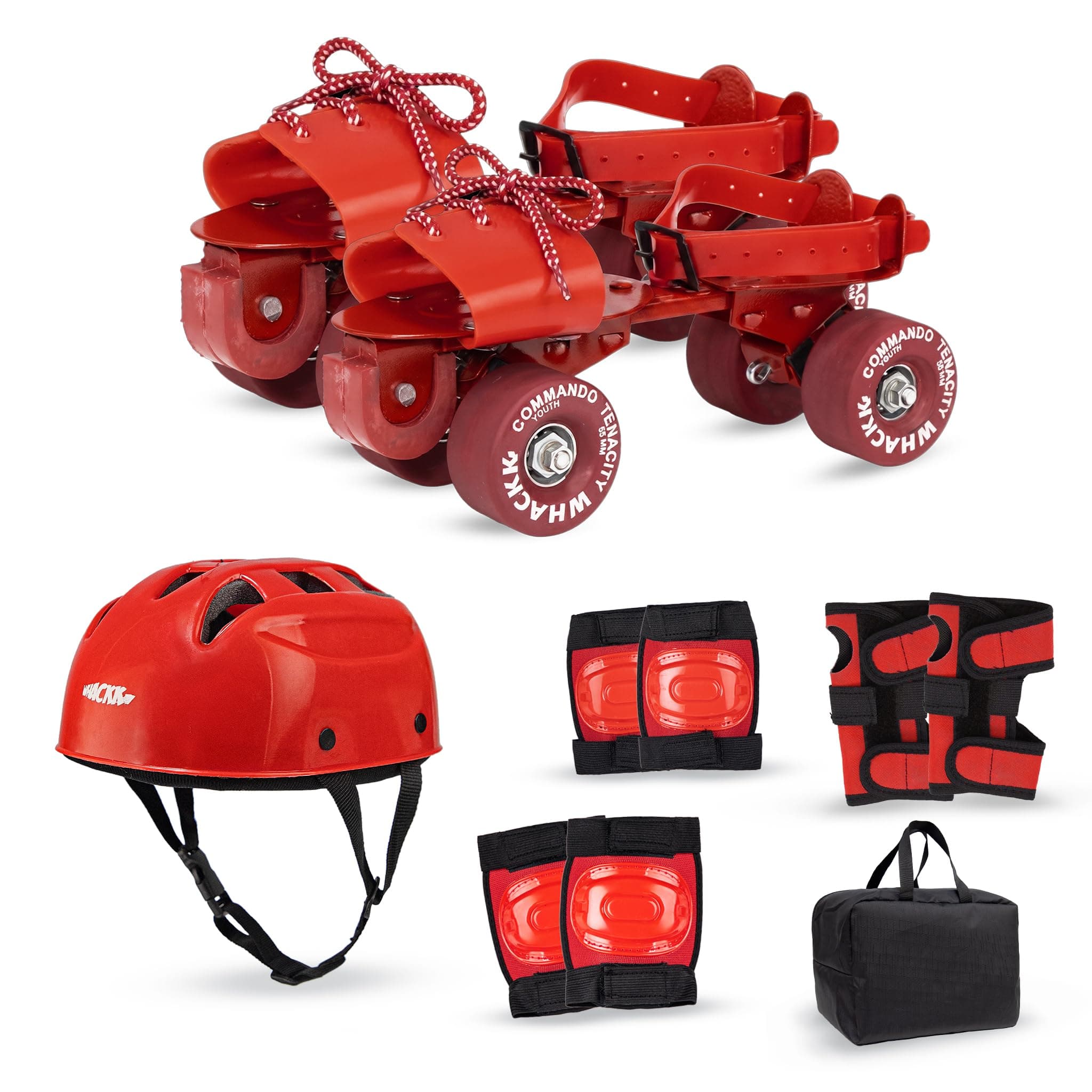 WHACKK Tenacity Adjustable Quad Roller Skates Combo for 6-15 Years (Skates+Helmet+Knee Guards+Elbow Guards+Carry Bag)| 55 mm | Ball Bearing| Secure Buckles & Lace System (Red, Senior, Commando)