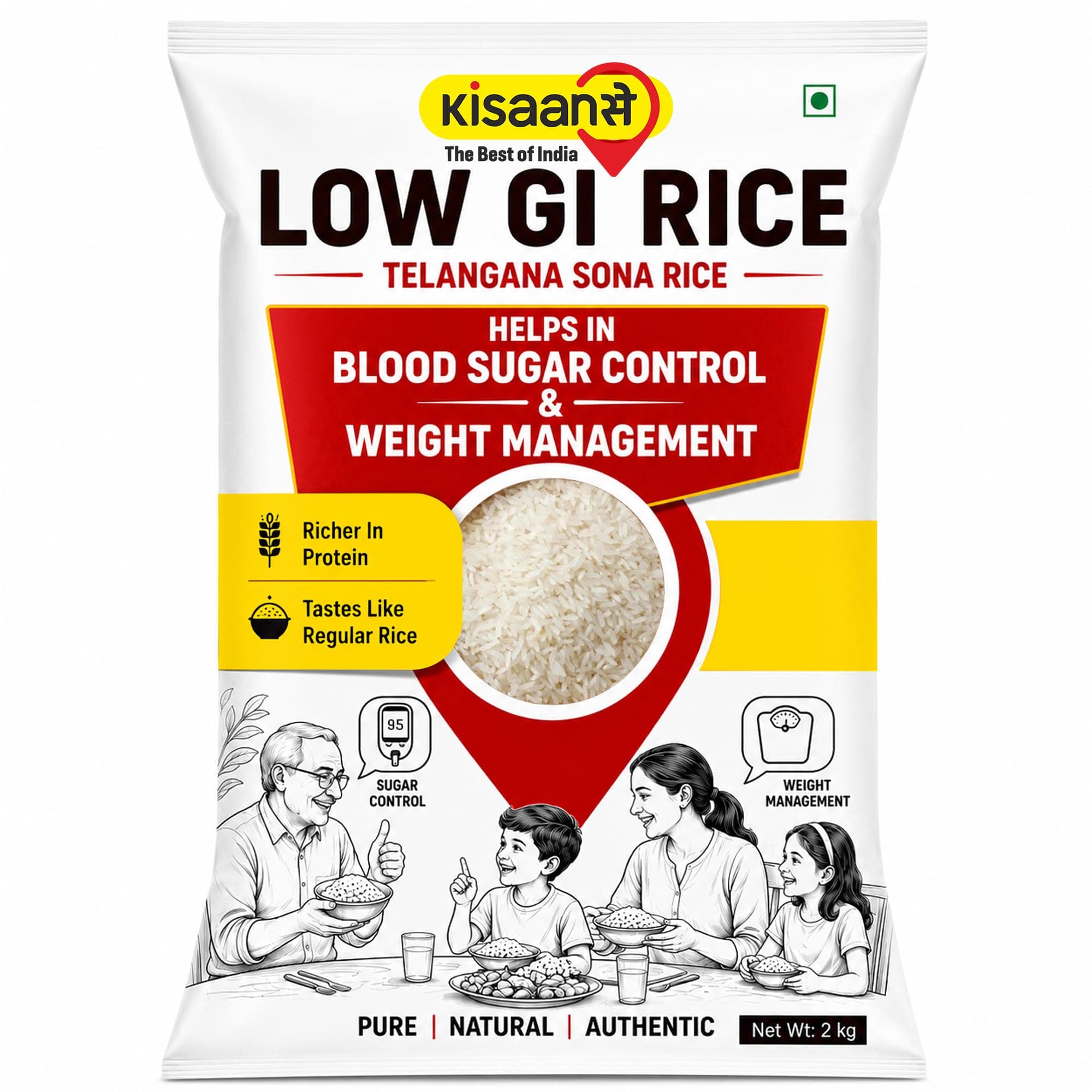 KisaanSay Sugar Control Rice- Telangana Sona Rice (2 KG) | Lab Tested Low Glycemic| Diabetes-Friendly | Unpolished | High in Fiber & Nutrients | Traditionally Milled | Lightweight & Non-Sticky | supports healthy weight & blood sugar
