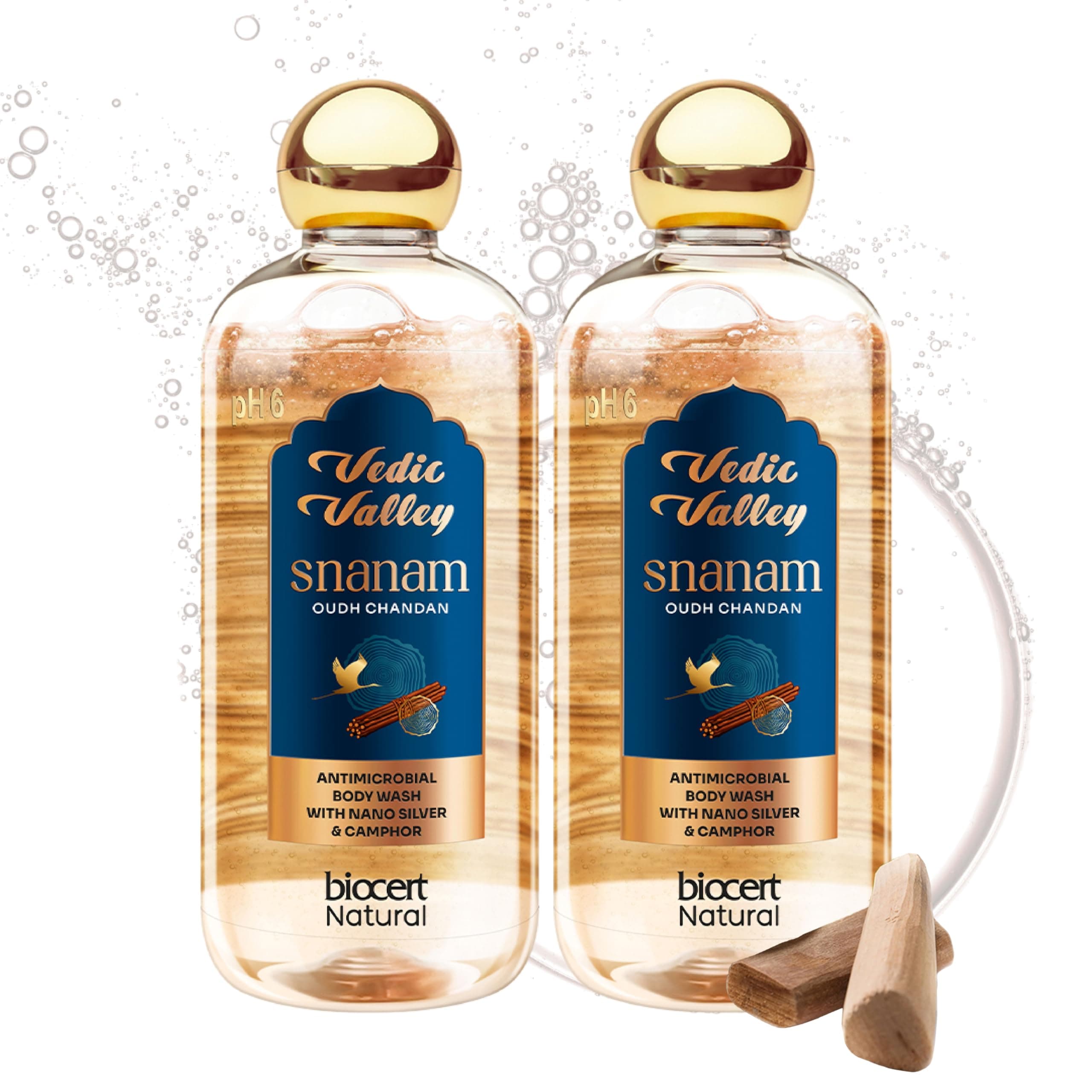 Vedic Valley Oudh Chandan Body Wash for Cleansing, Hydration & Long-Lasting Fragrance | Paraben Free Shower Gel for Women & Men Fights Body Acne, Dryness & Tan with Nano Silver & Camphor | 330ml x 2
