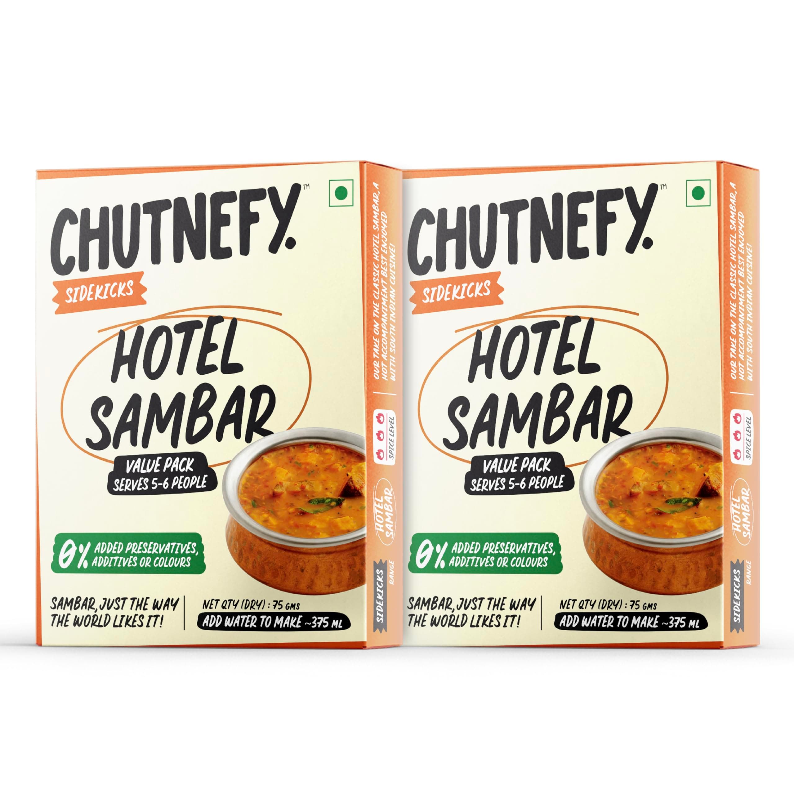 Chutnefy Hotel Sambar | 75g Freeze-Dried Instant Dry Mix | Just Add Water to make 5-6 servings (375 g) each | 2 × 75g | 0% Preservatives or Additives
