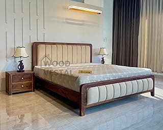 Wood Vestal Sheesham Wood Bed with Upholstered Head & Foot, Solid Wood in Natural Finish, Modern Design | King Size - (78"x72") | Without Mattress & Side Tables | Low Highted | WS - DQ - 6' - N