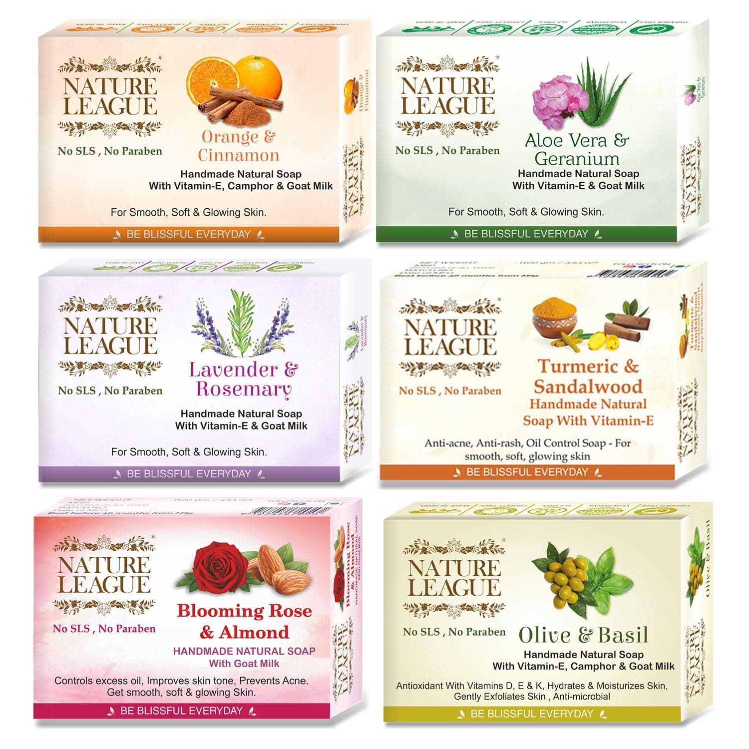 NATURE LEAGUE - Natural Skin Nourishing Bath & Body Combo of Handmade Soaps, Made With Natural Oils, Goat Milk, Camphor, Vitamin-E, With Captivating Fragrance, SLS & Paraben Free, Pack of 6 (600 gms)