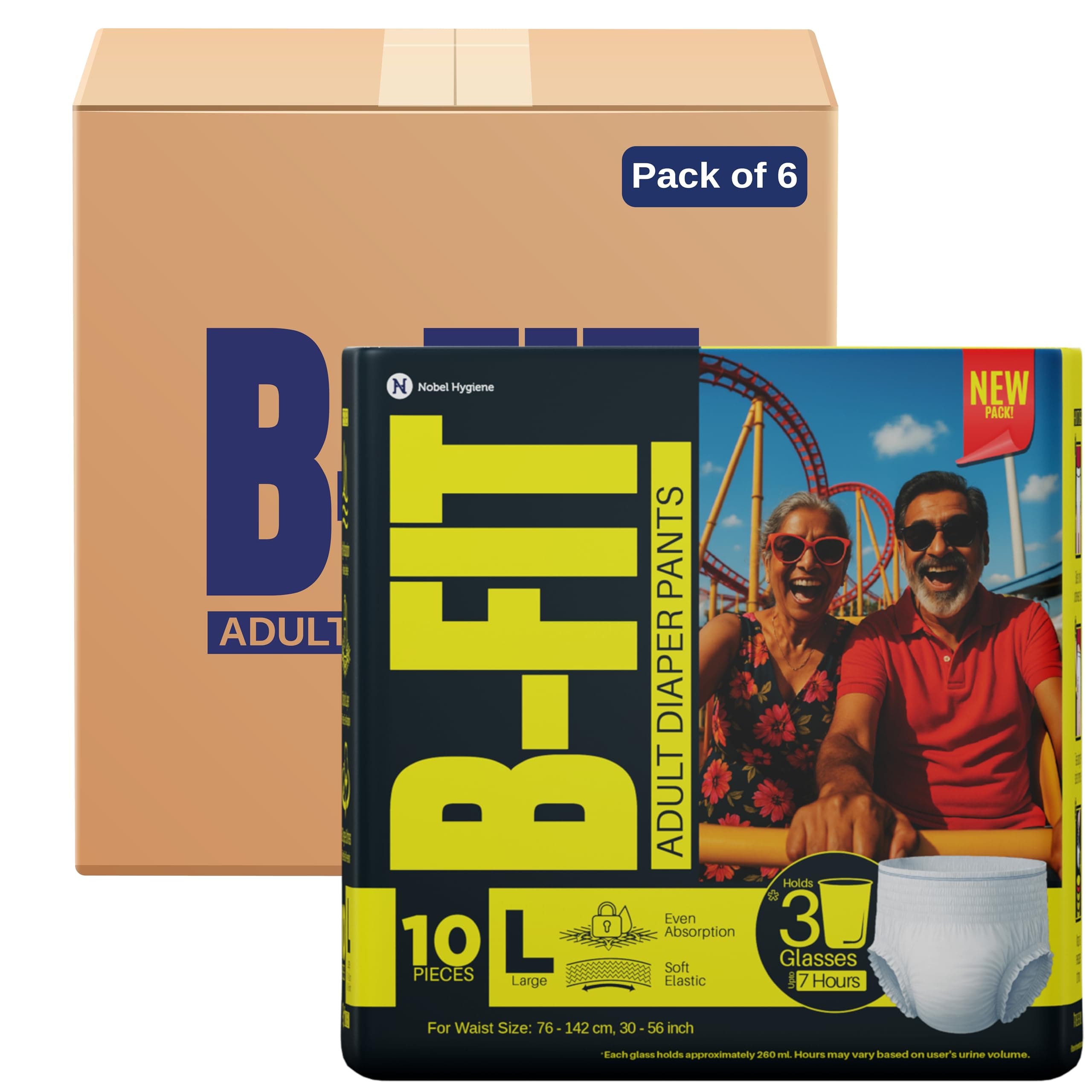 B-FIT Adult Diapers Pant Style | 60 Count (Large) | Waist 30-56 inch; 76-142 cm with Wetness Indicator | Unisex | Leakproof and Elastic Waist