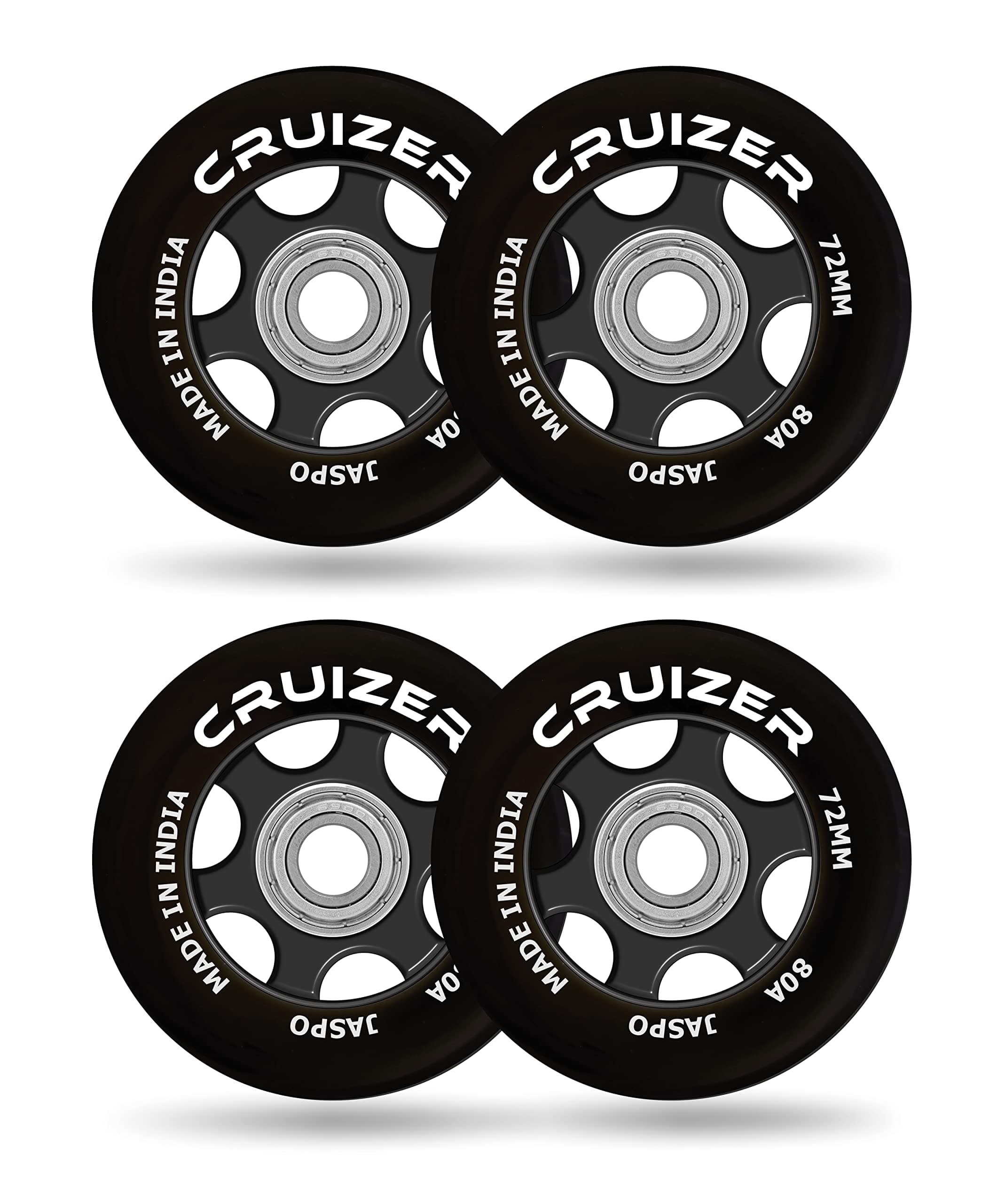 Jaspo Inline Pu Wheels 72Mm/100Mm - Inline Spare/Replacement Wheels for Skating, Waveboard, Luggage (Cruizer 72Mm - Pack of 4), Black
