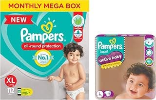 Pampers All round Protection Pants, Extra Large size baby Diapers, (XL) 112 Count Lotion with Aloe Vera & Pampers Active Baby Taped Diapers, Large size diapers, (L) 18 count, taped style custom fit