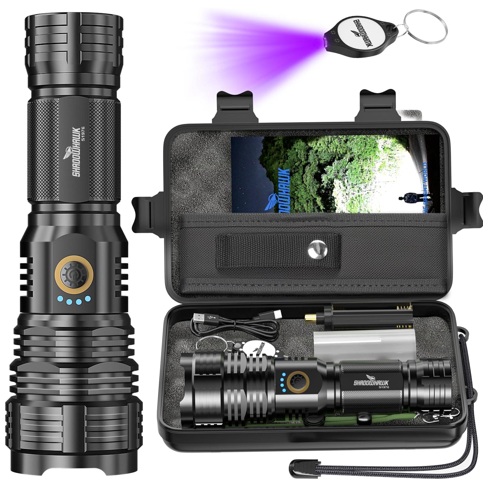 Shadowhawk Rechargeable LED Torch, 10000 Lumens High Power XHP70.2 Flash Light, Long Range Powerful Charging Torchlight with High Beam for Trekking Hunting Emergency