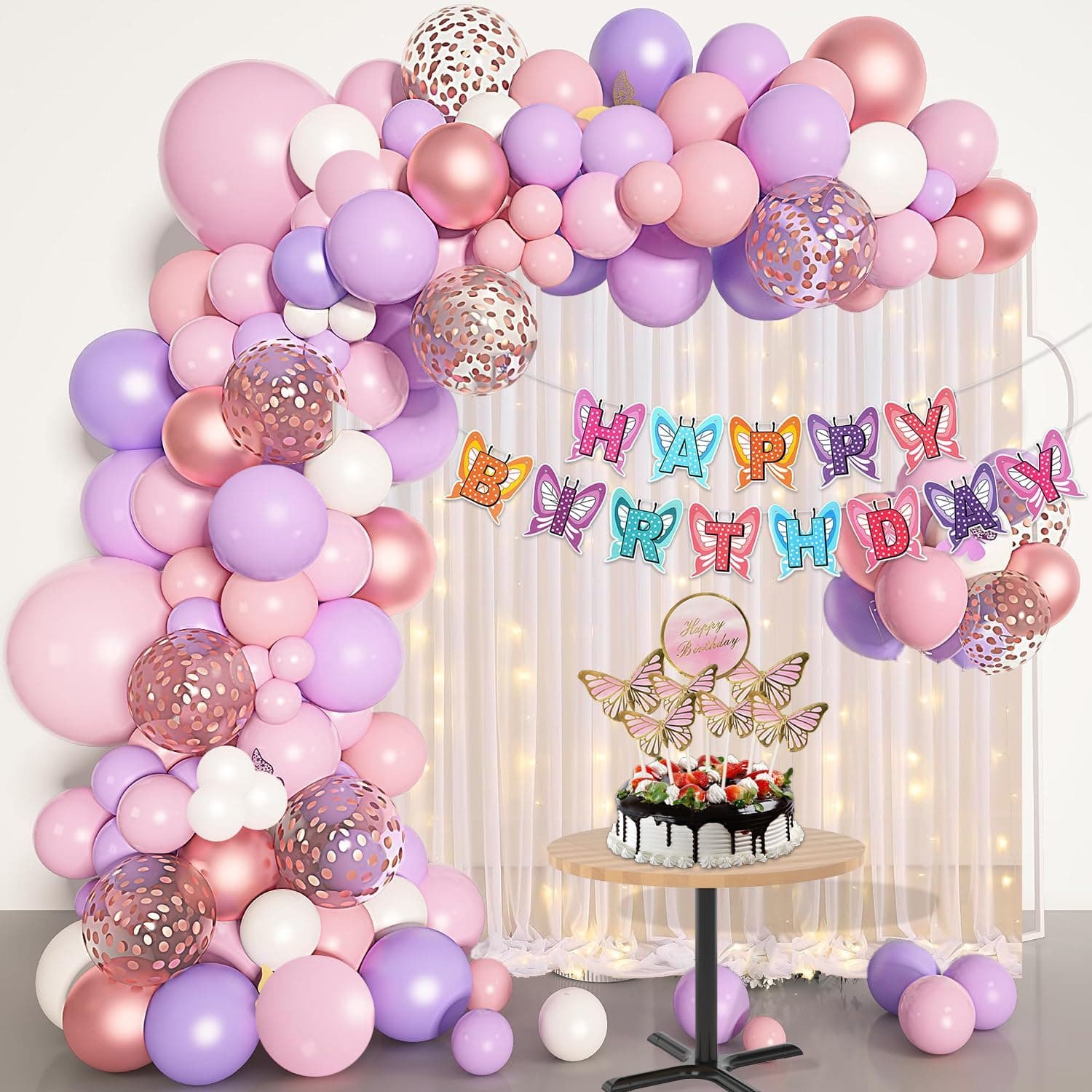 Rozi Decoration Butterfly Theme Birthday Decor Set - 87 Pc Cardstock & Latex Combo with Cake Topper for Girls' 1st Birthday Parties (Multicolor)