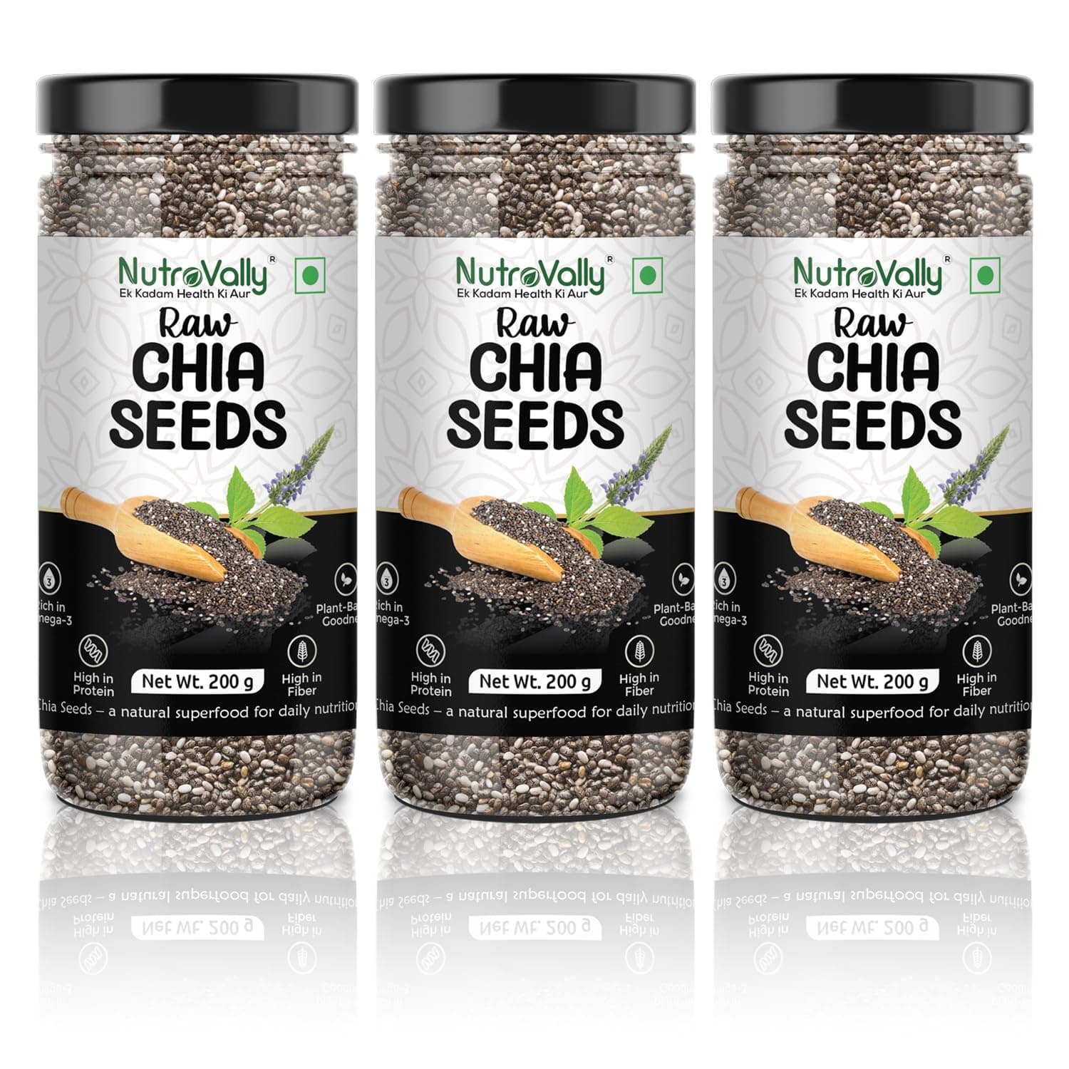 Nutrovally Chia Seeds 200g Pack of 3 |chia Seeds for Weight Loss, Glowing Skin, Daily Nutrition, Energy Boost |chia seed| Healthy Snacks, Easy to Eat|Perfect for Smoothies, Yogurt, Salads