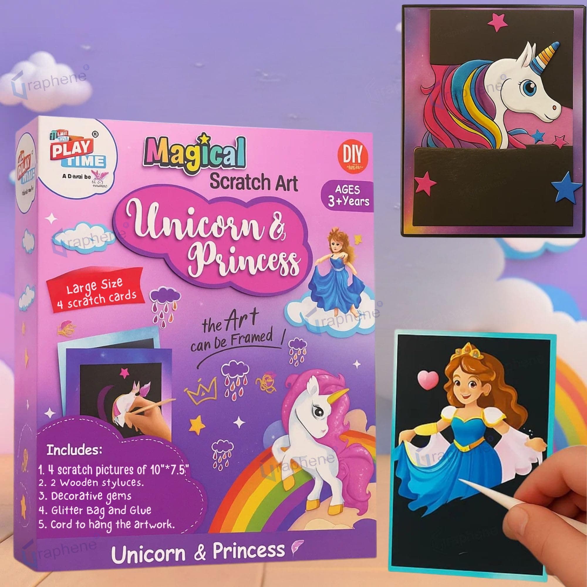 GRAPHENE Magic Scratch Art Book for Boys Girls Craft Kit & Supplies Fun DIY Activity Return Gifts Drawing Stickers Travel Toys Unicorn Princess Colouring Decorative Glitter 3+ 4+ 5+ 6+ 7+ 8+ Kids