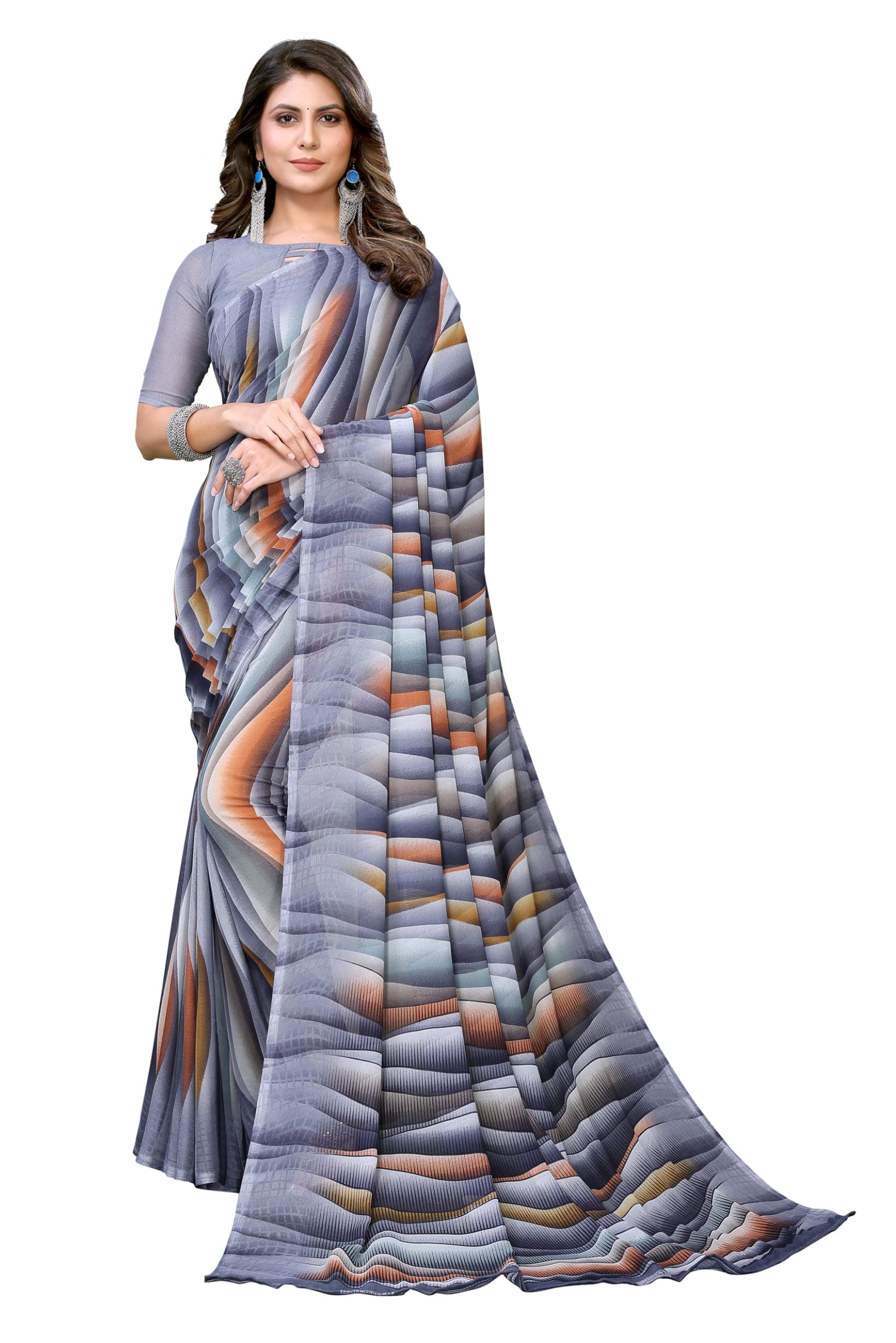 Yashika Women's Trendy Printed Georgette Purple Color Saree with Blouse Material