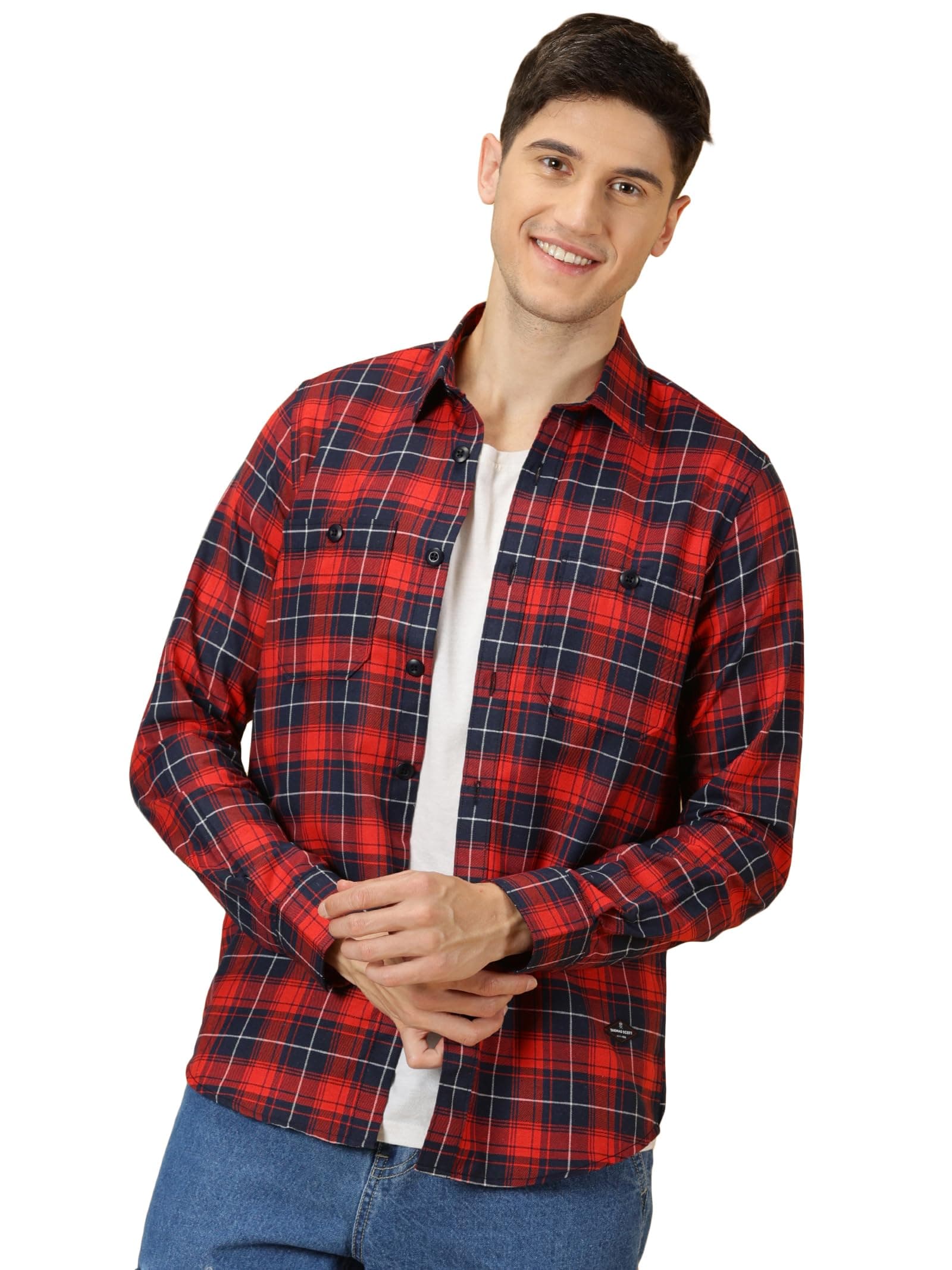 Thomas Scott Men's | Checks | Full Sleeve | Slim Fit | Cotton Polyester Blend | Double Pocket | Spread Collar | Casual Shirt