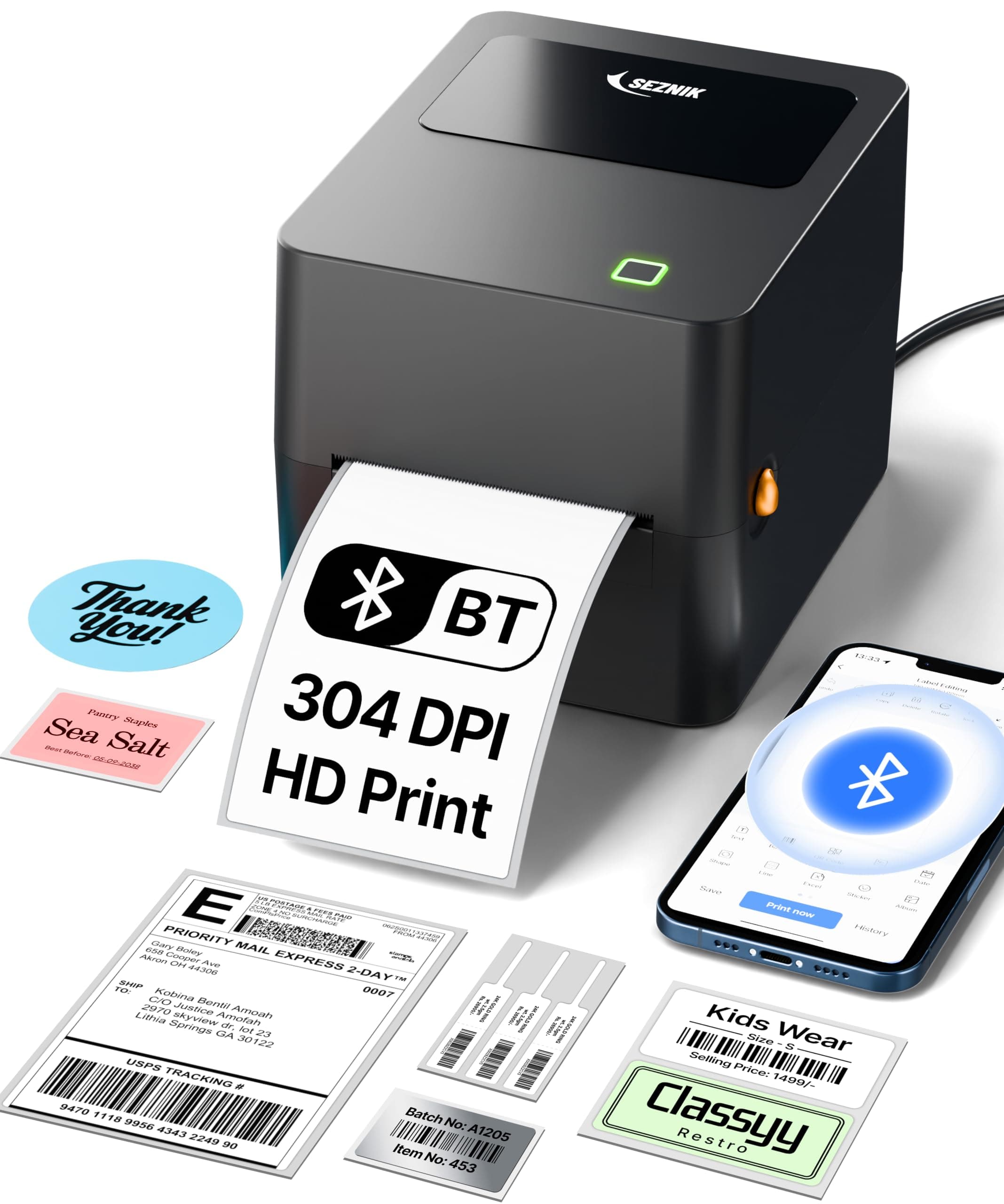 SEZNIK Tejas Shipping Label Printer | 304 DPI HD Print | USB + Bluetooth | Direct Thermal Label Printer for E-Commerce, MRP Sticker, Jewellery, Excel, Barcode, | 1 Year Warranty | No SellerFlex