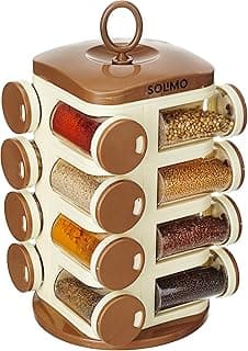 Amazon Solimo Plastic Revolving Spice Rack Set of 16 Pieces | Standard Size | Pull Out Shelf | Tabletop | Light Brown
