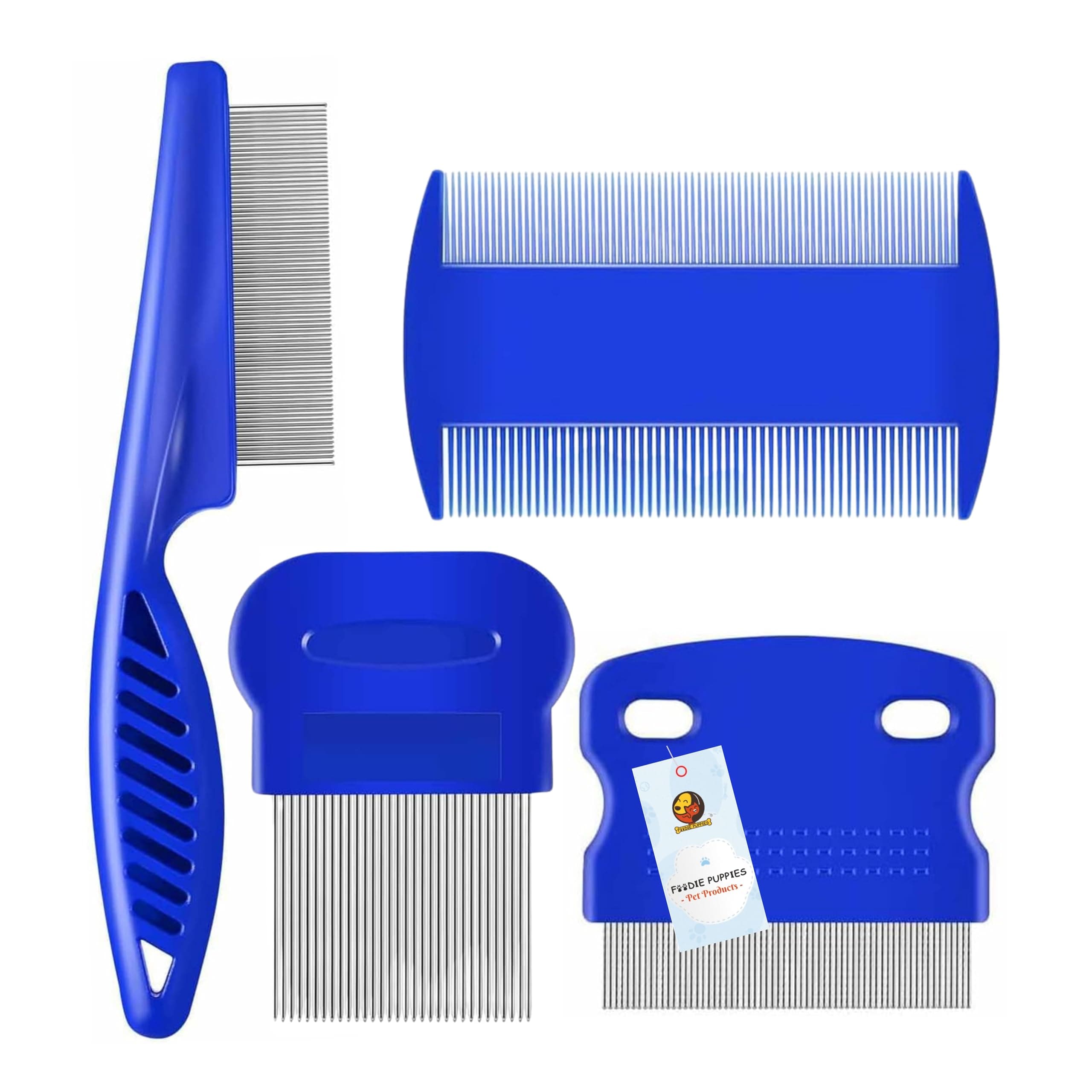 Foodie Puppies Pet Flea Comb for Dogs, Cats, Birds and Rabbits (Flea Comb - 4Pcs Set) | Stainless Steel Fine Tooth Double Side Flea and Lice Comb | Tangles, Tear Stains and Head Nits Remover Tool
