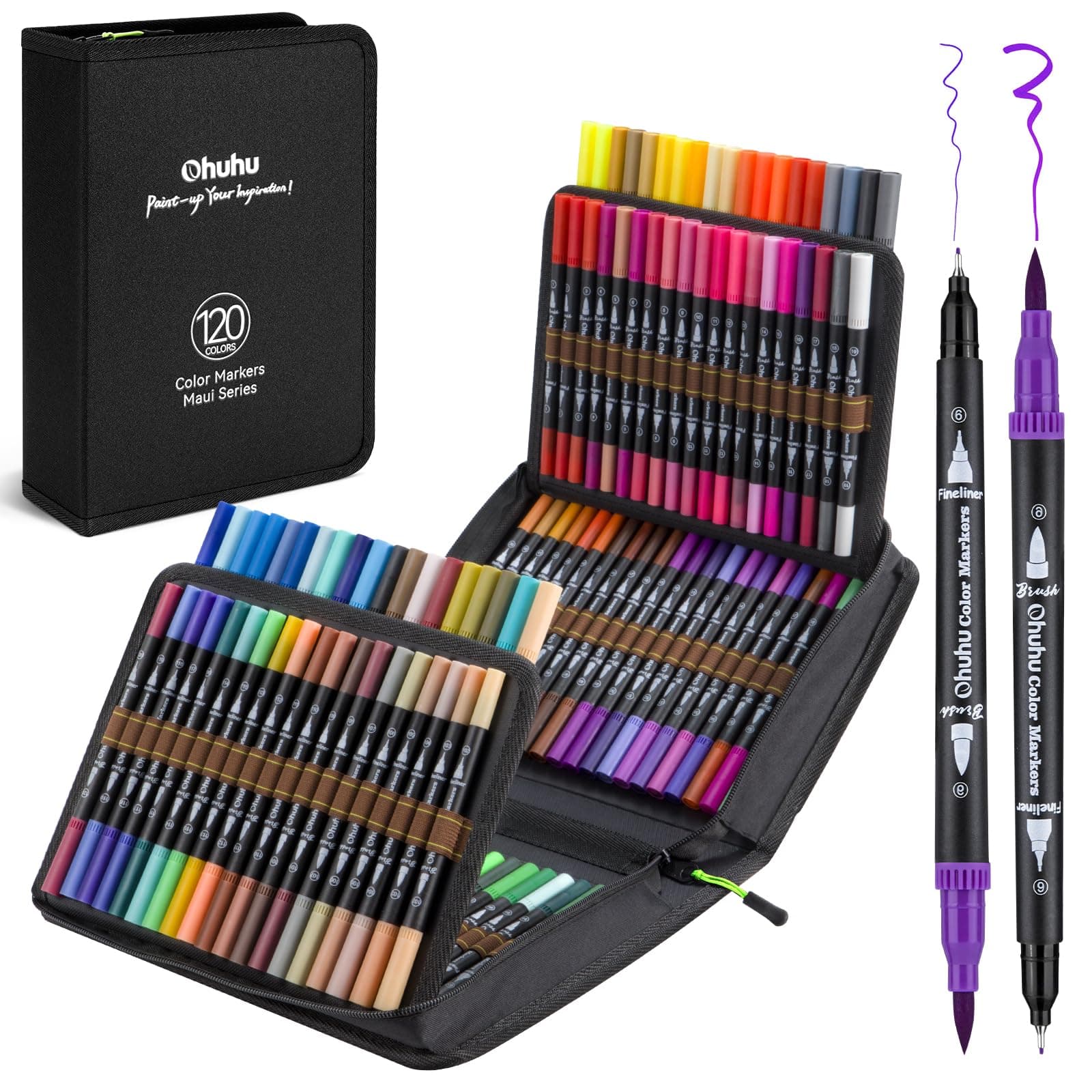Ohuhu Brush Pen 120 Colors Water-based Sketch Pen Set No Bleeding Dual Tips Fineliner & Brush Drawing Pens with Carrying Case Art Marker for Kids Adults Adults Calligraphy Journal - Maui - Black