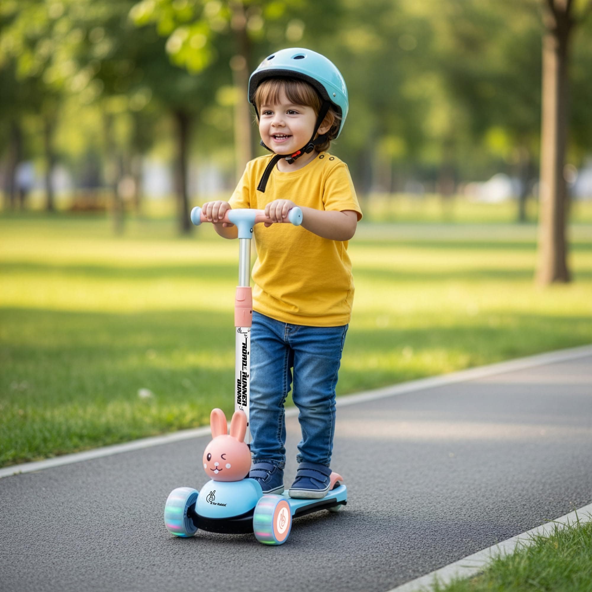 R for Rabbit Road Runner Bunny Kids Scooter, 3 Level Adjustable Height, Smart Fold & PU LED Wheels Kick Scooter with Brake for 3+ Years Kids, Weight Capacity Upto 75kgs (Blue Peach)